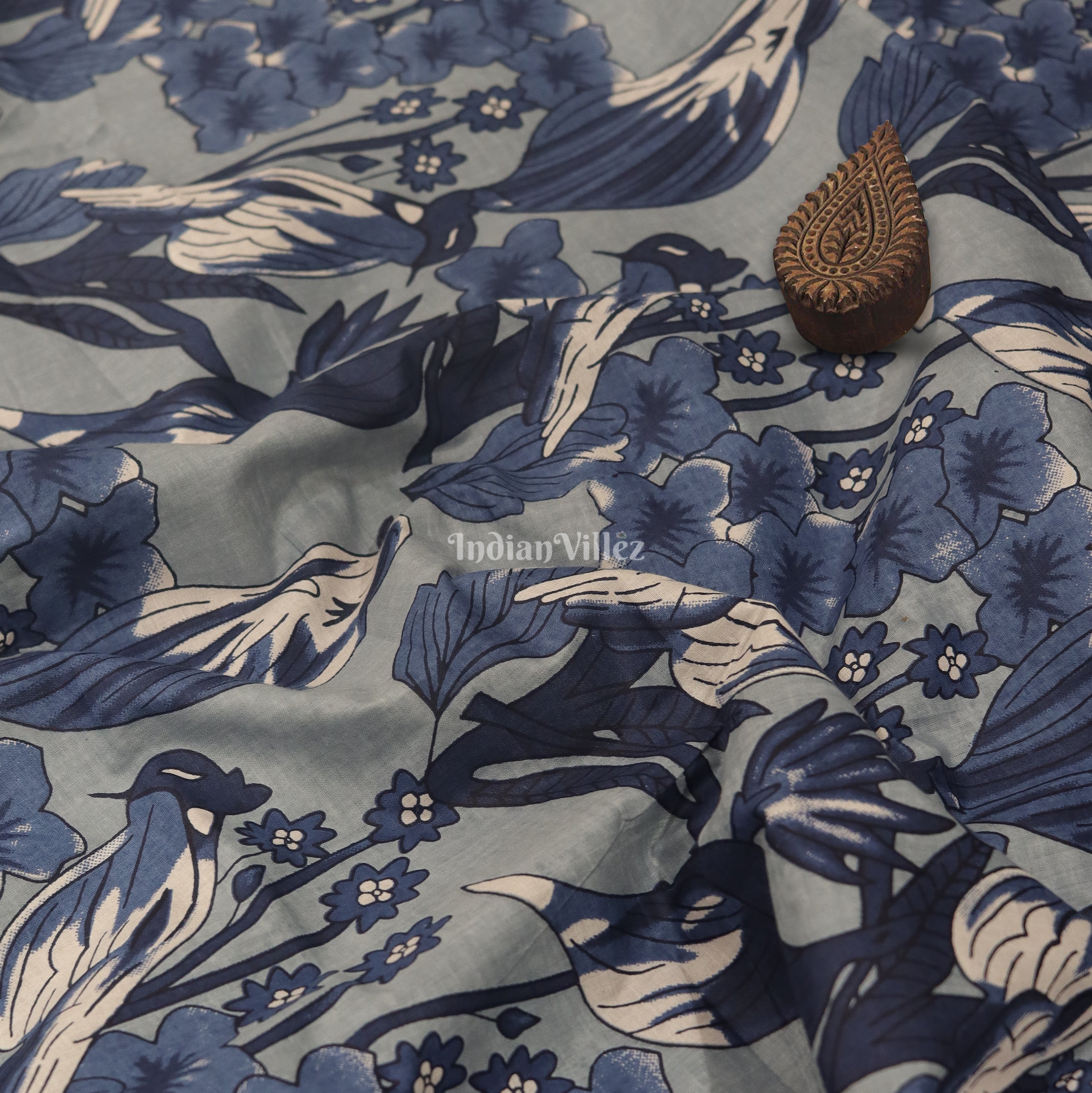 IndianVillèz Blue Bird Theme Hand Block Printed Cotton Fabric