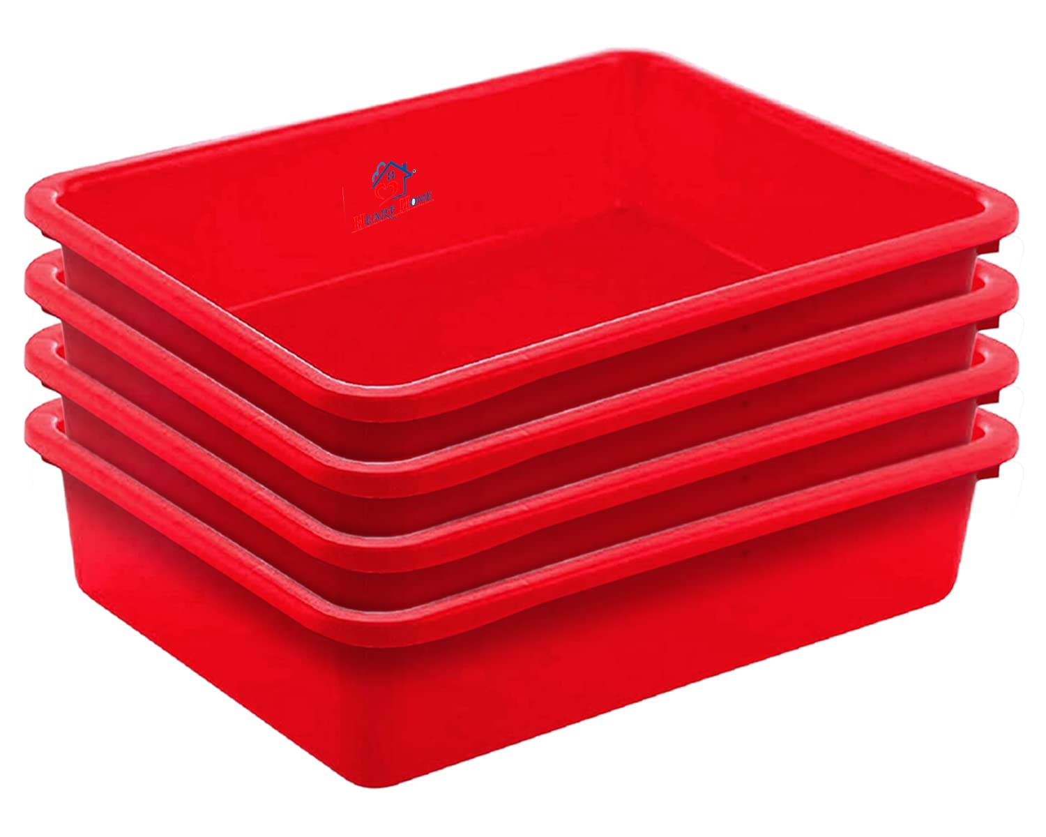 Heart Home Multiuses Rectangular Plastic Large Tray, Bin, Organizer Pack of 4 (Red)