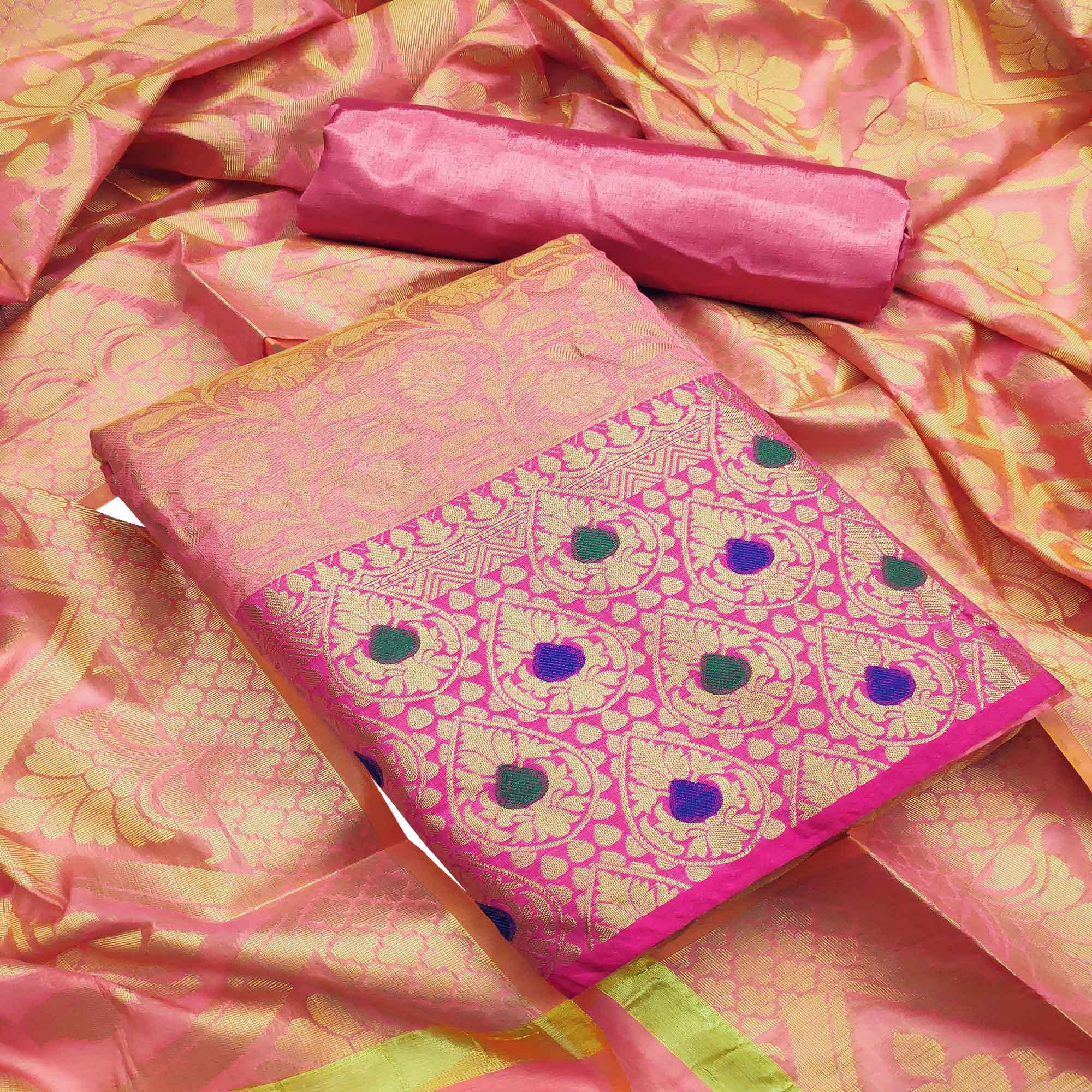 Peachmode Flamboyant Pink Colored Festive Wear Woven Heavy Banarasi Silk Dress Material