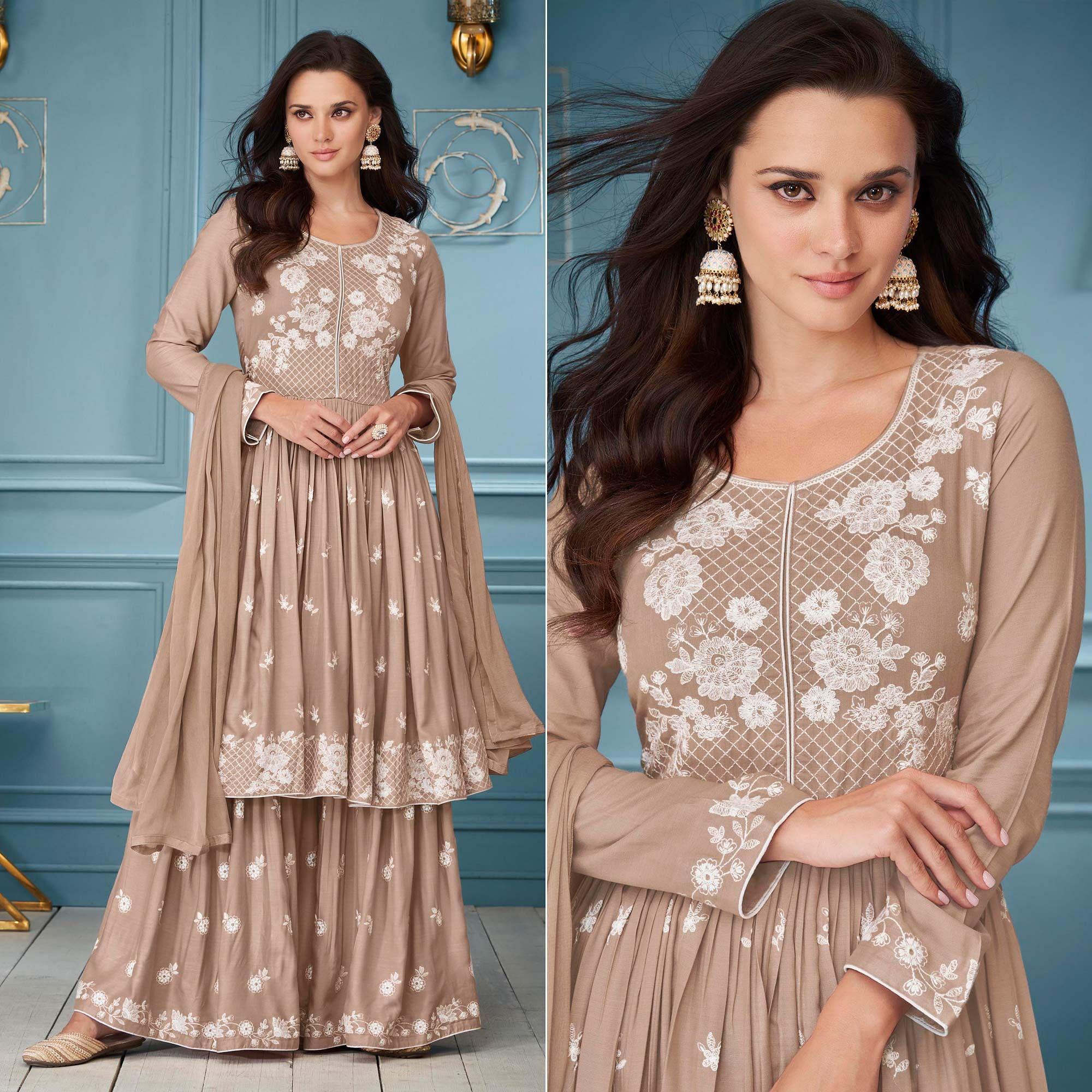 Peachmode Seller Brown Embroidered Rayon Sharara Suit