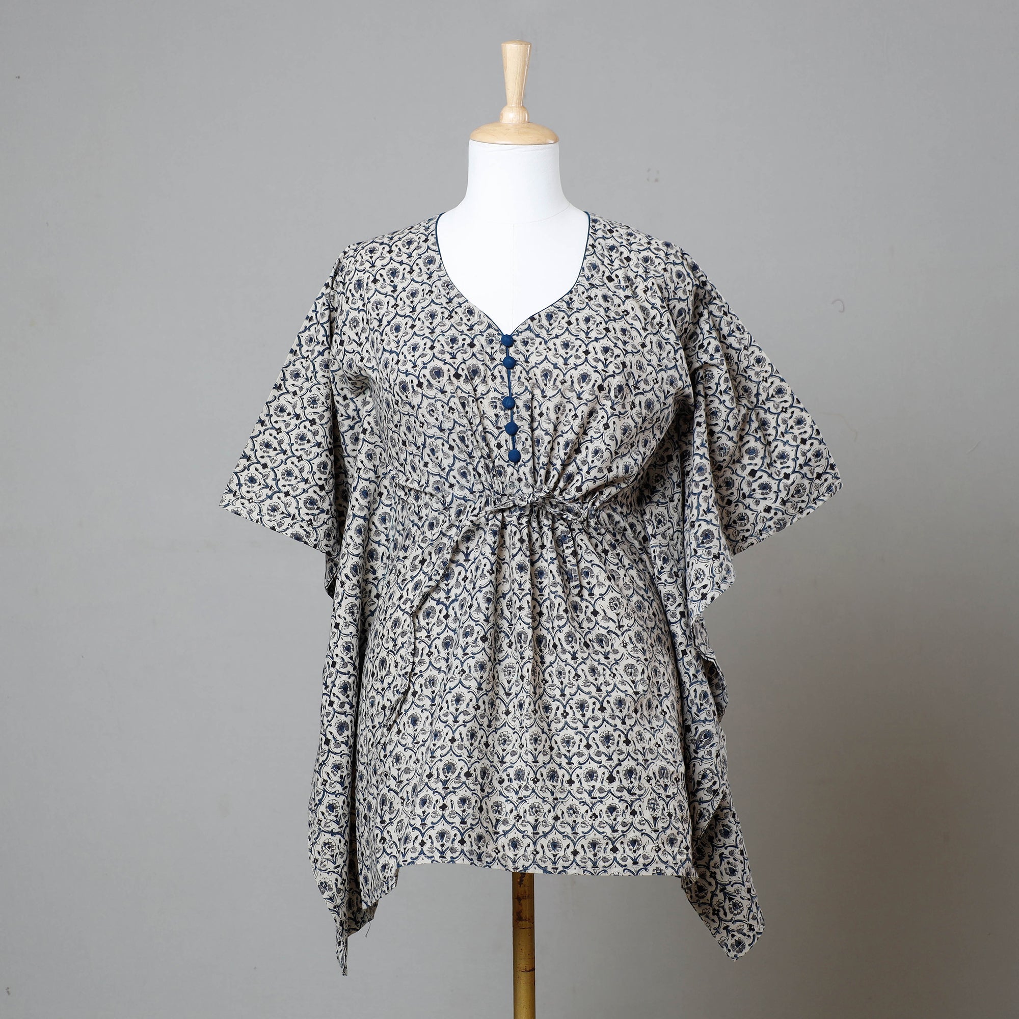 ITOKRI CASUALS Beige - Block Print Cotton Kalamkari Kaftan with Tie-Up Waist (Short)