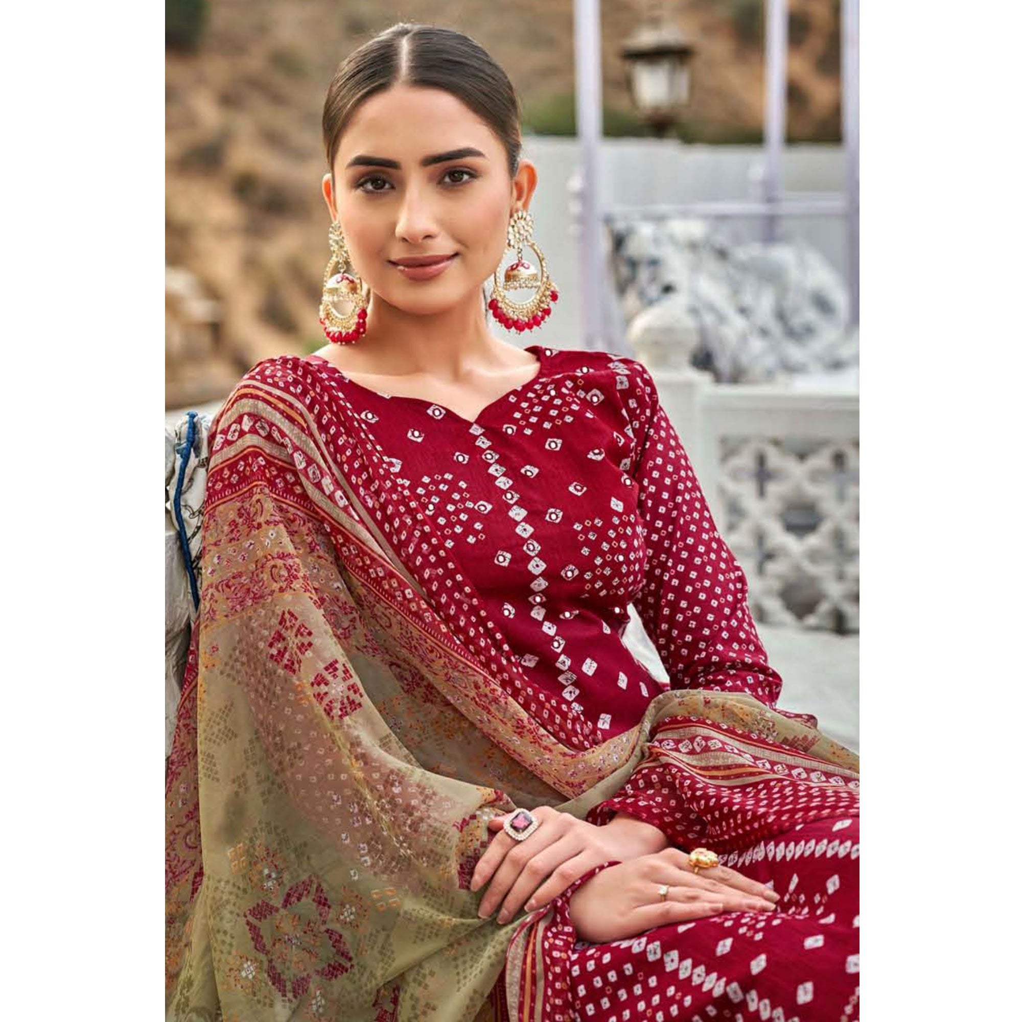 Peachmode Maroon Printed Pure Cotton Suit - view 3