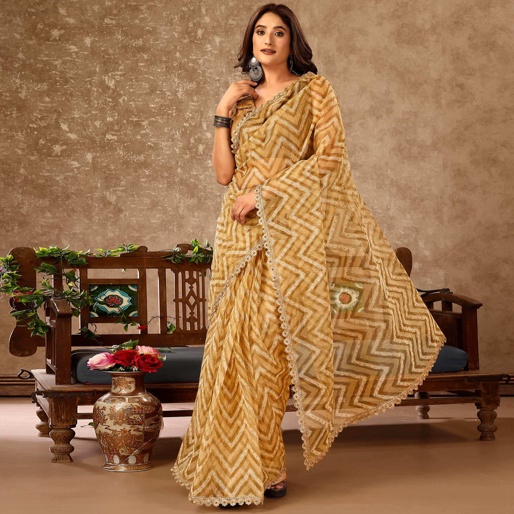 Peachmode Seller Chikoo Zig Zag Printed With Stone Work Organza Ready To Wear Saree - view 2