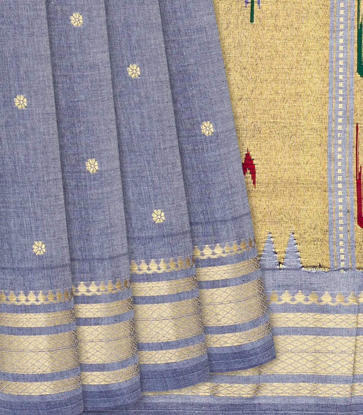 RmKV Grey Handloom Paithani Silk Saree With Floral Buttas-Grey