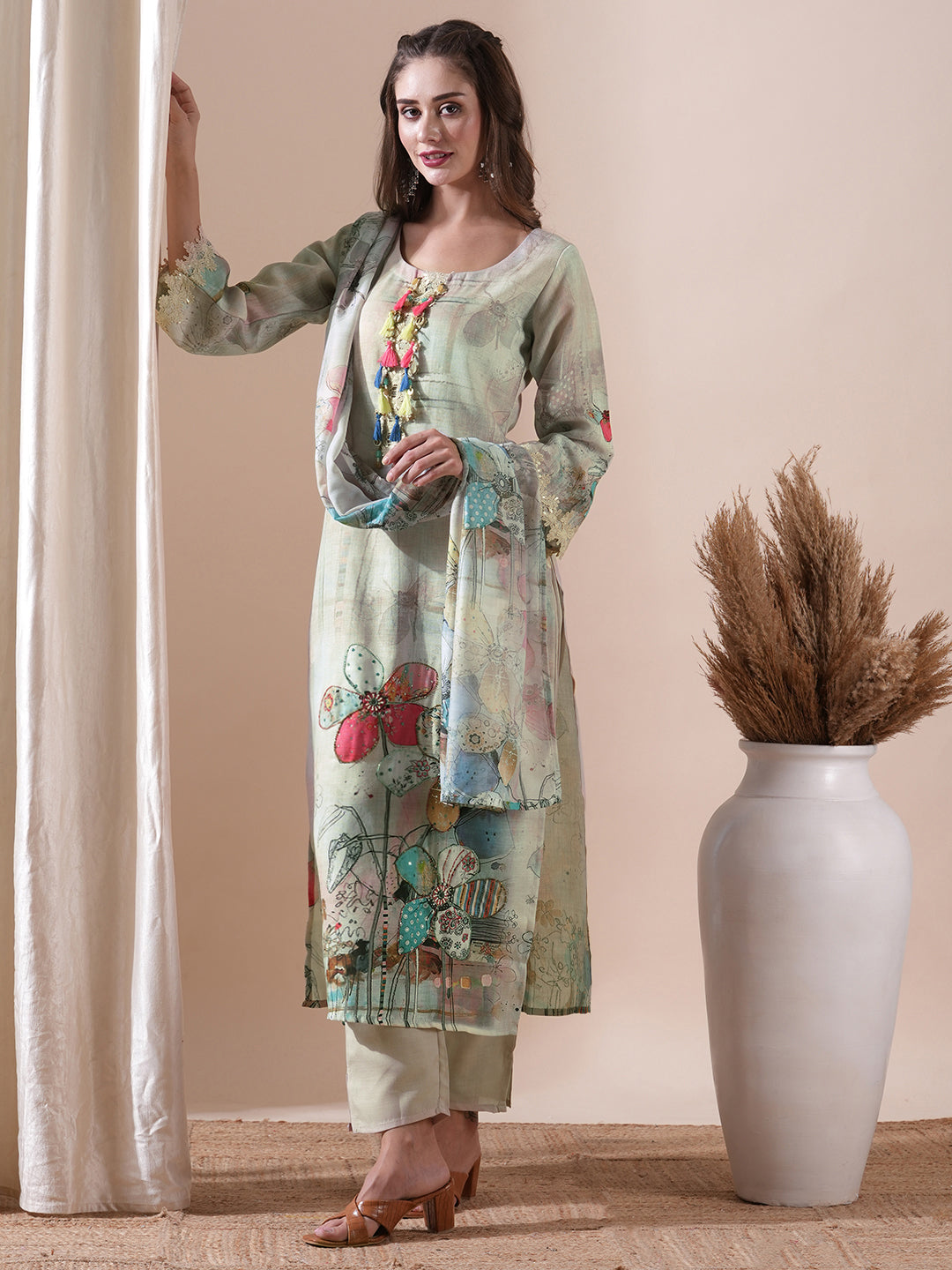 Fashor Floral Printed Sea Shell & Sequinned Cutwork Lace Embellished Kurta with Pants & Dupatta - Beige - view 2