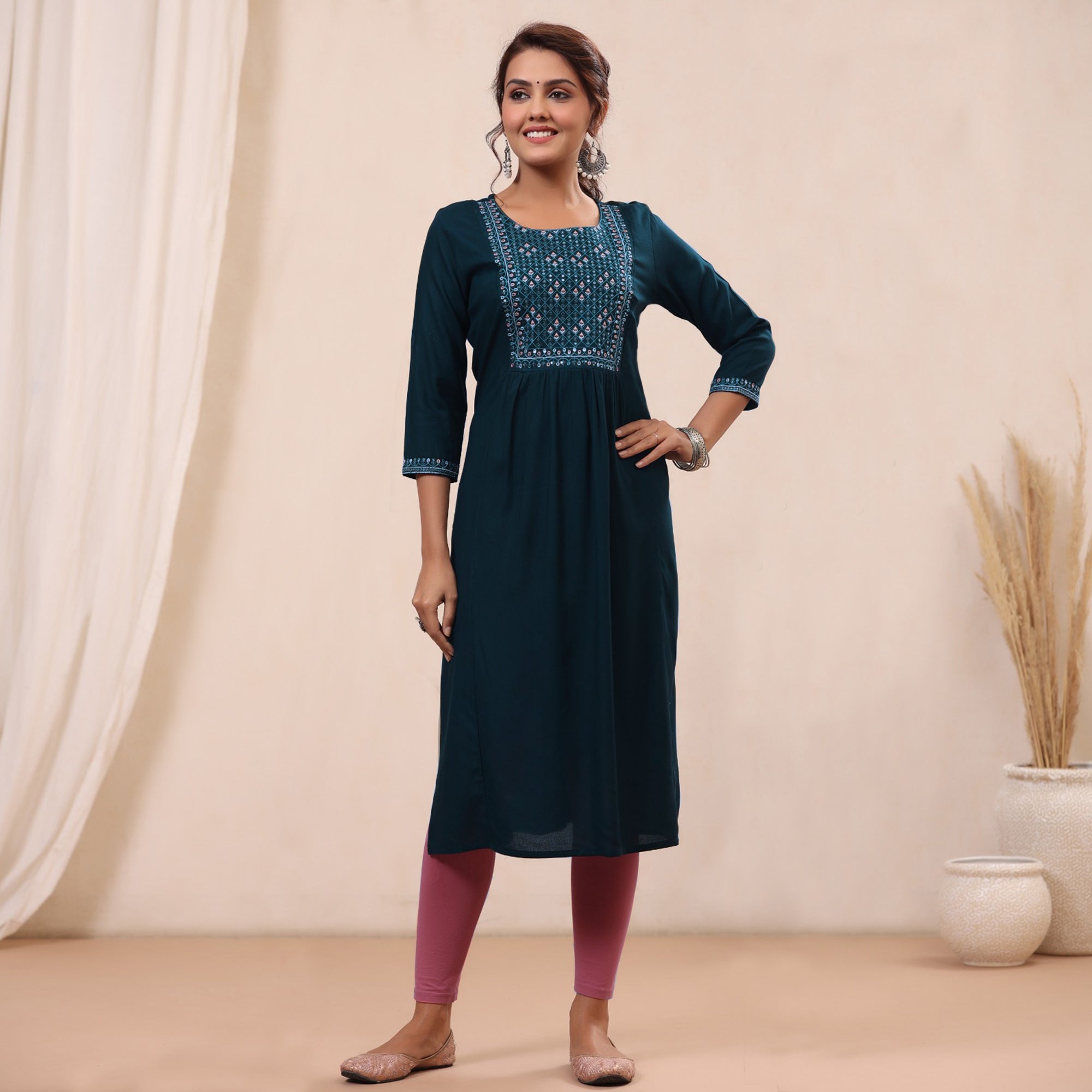 Peachmode Bottle Green Floral Embroidered Rayon Kurti