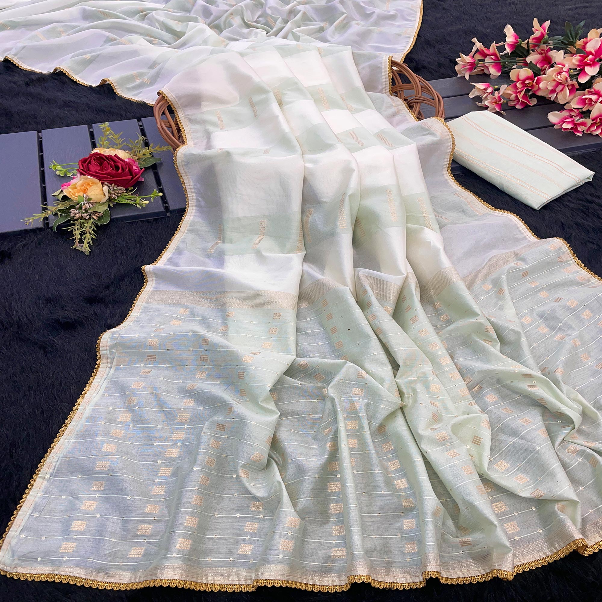 Peachmode Light Pista Green Zari Woven With Sequins Work Tussar Silk Saree With Lace Border