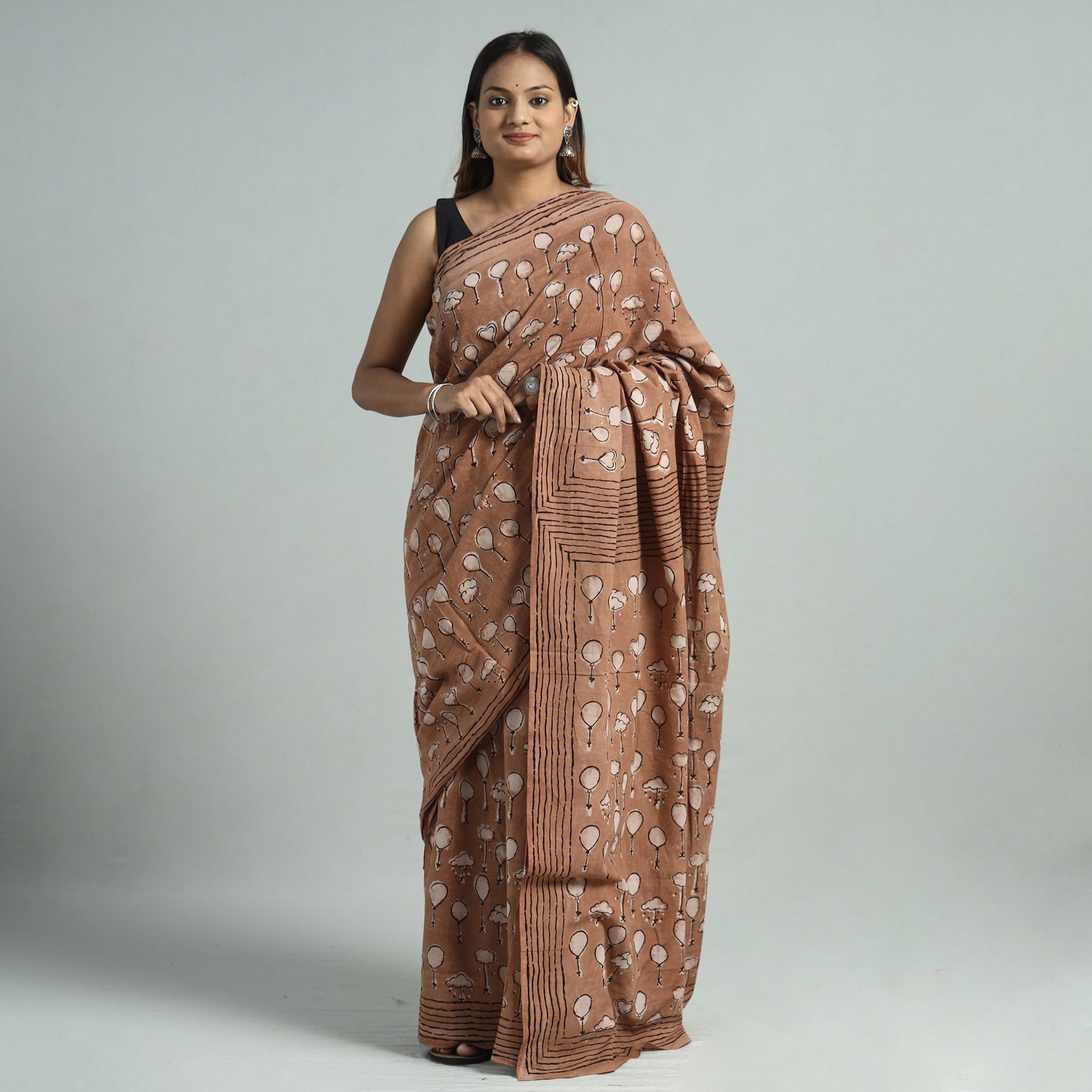 BINDAAS UNLIMITED Brown - Bindaas Art Block Printed Natural Dyed Cotton Saree 02