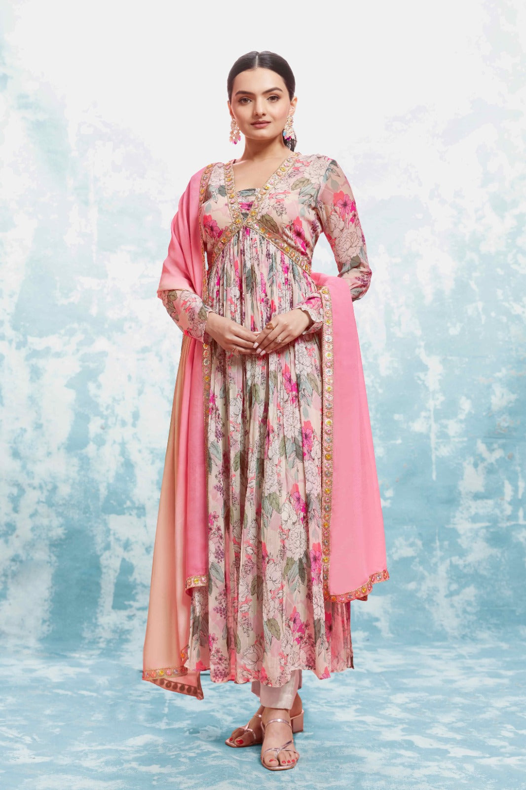 ClothsVilla Multi-Colored Georgette Suit Set with Printed & Embroidered Work - view 2