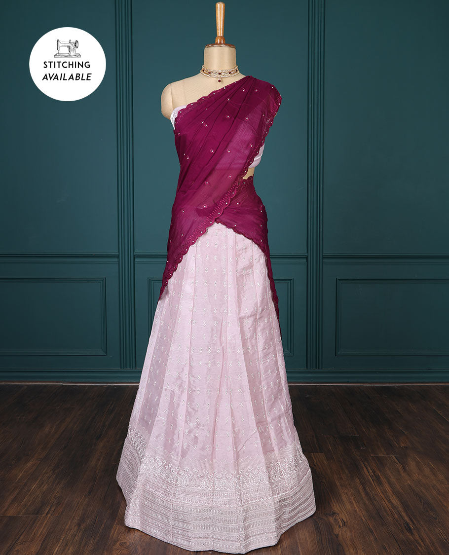 Pothys Pink embroidered half-saree, embroidered patch border, embroidered blouse & contrast scallop embroidered dhavani