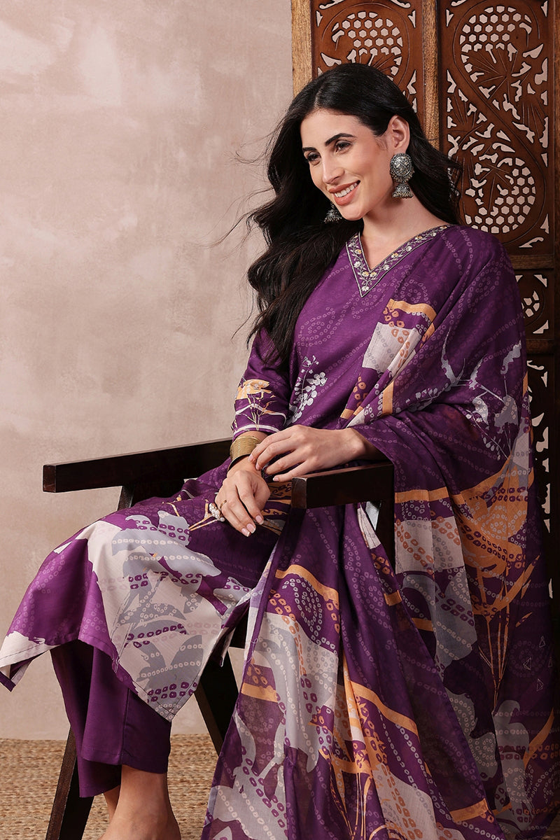 Ahika Purple Rayon Blend Floral Printed Straight Trouser Bottom Suit Set PKSKD2536PPL