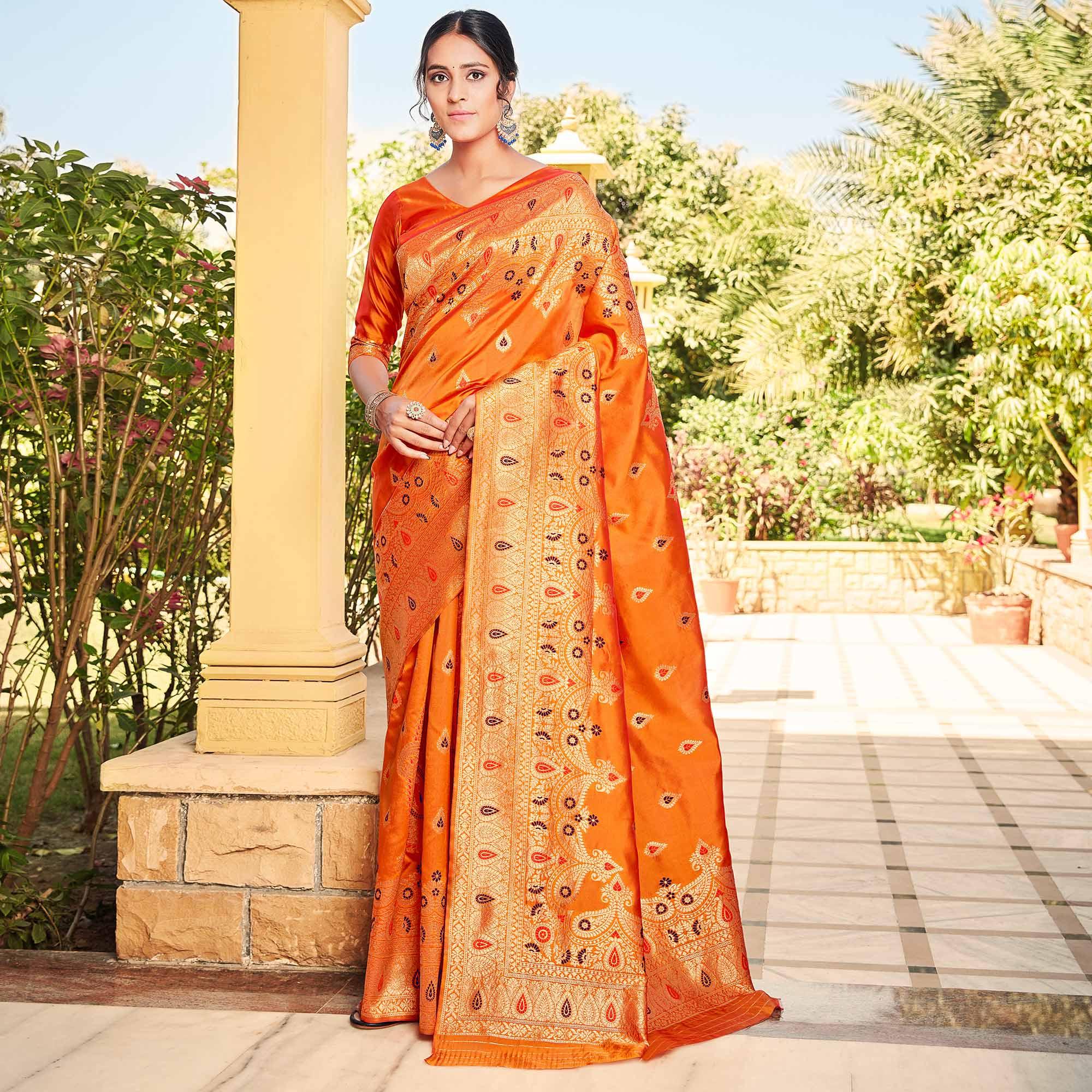 Peachmode Jazzy Orange Coloured Designer Partywear Weaving Silk Saree
