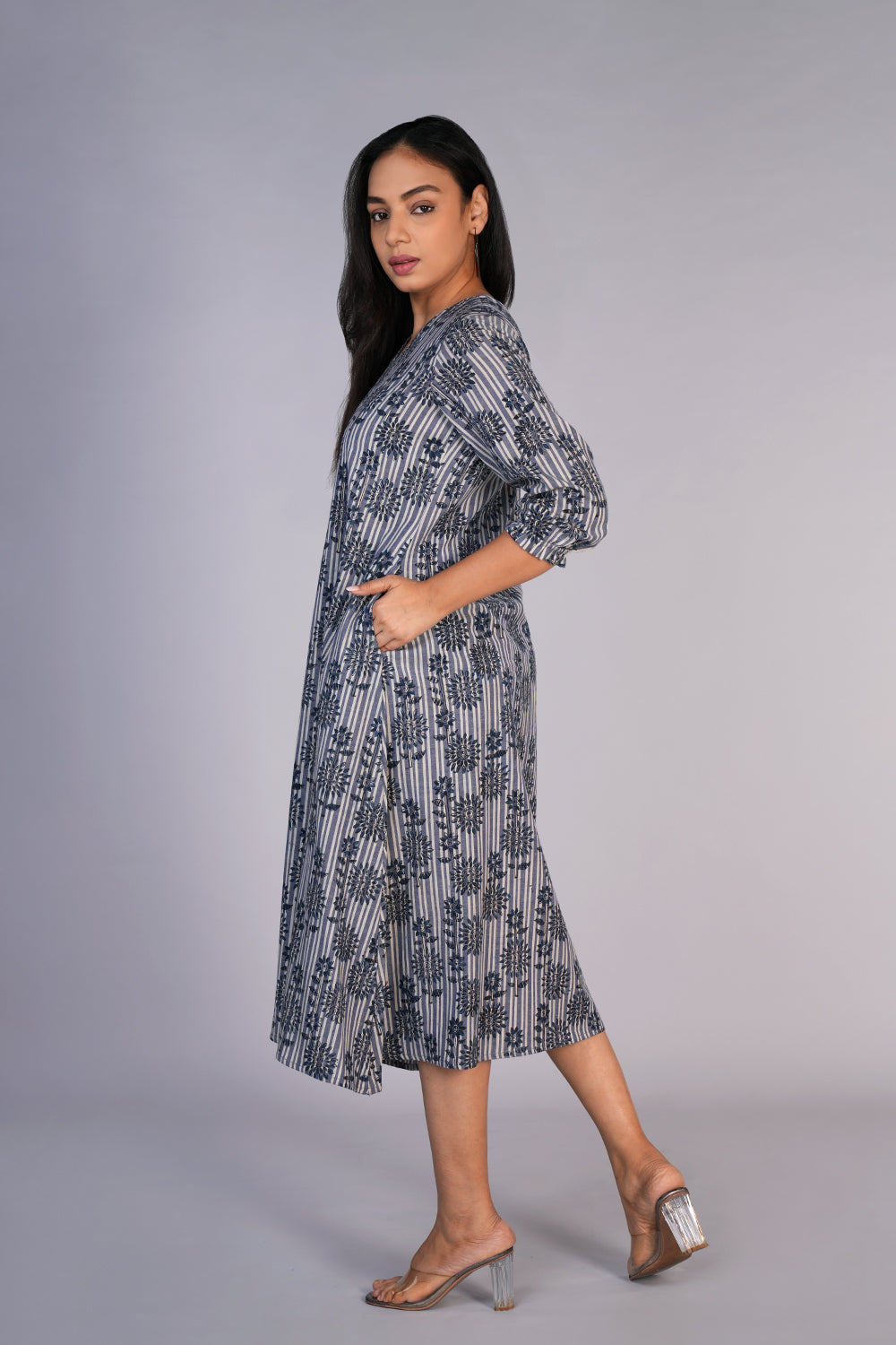Kalanjali Ethnics Grey Blue Kalamkari handblock printed dress - view 2