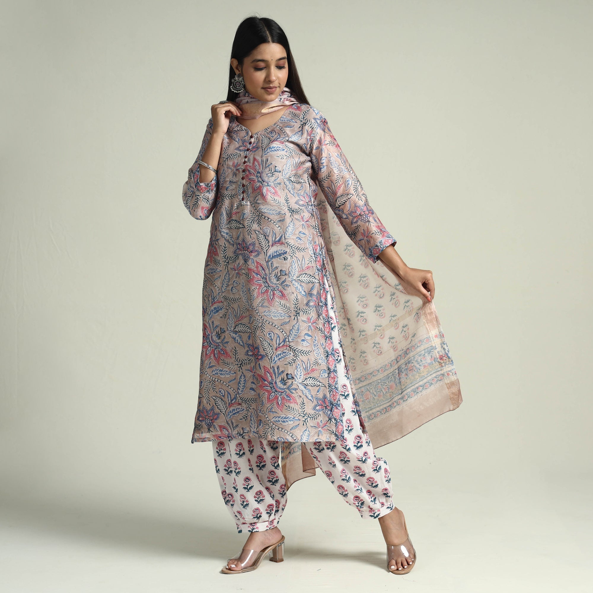 ITOKRI CASUALS Brown - Sanganeri Block Printed Maheshwari Silk Kurta with Palazzo & Dupatta Set - view 3