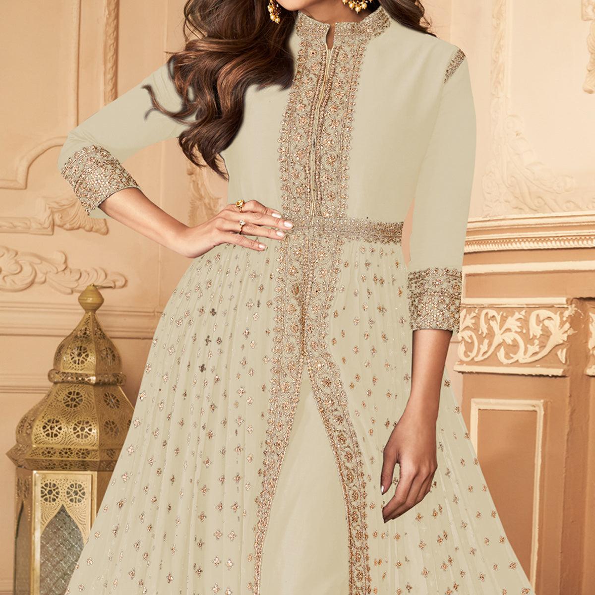 Peachmode Seller Cream Embroidered Georgette Partywear Gown - view 3