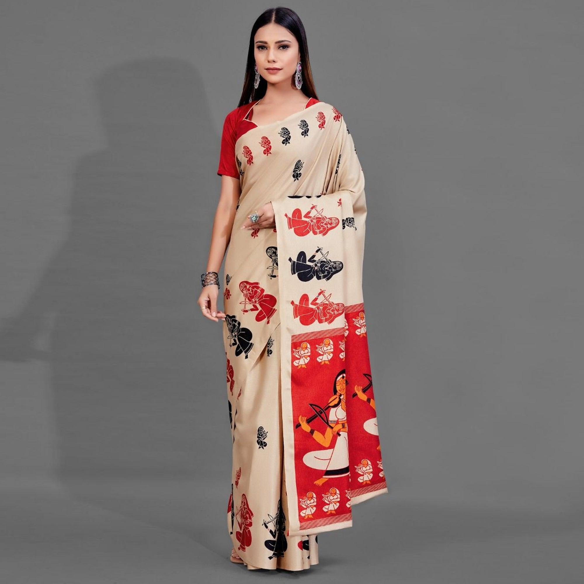 Peachmode Cream Casual Manipuri Silk Saree With Unstitched Blouse