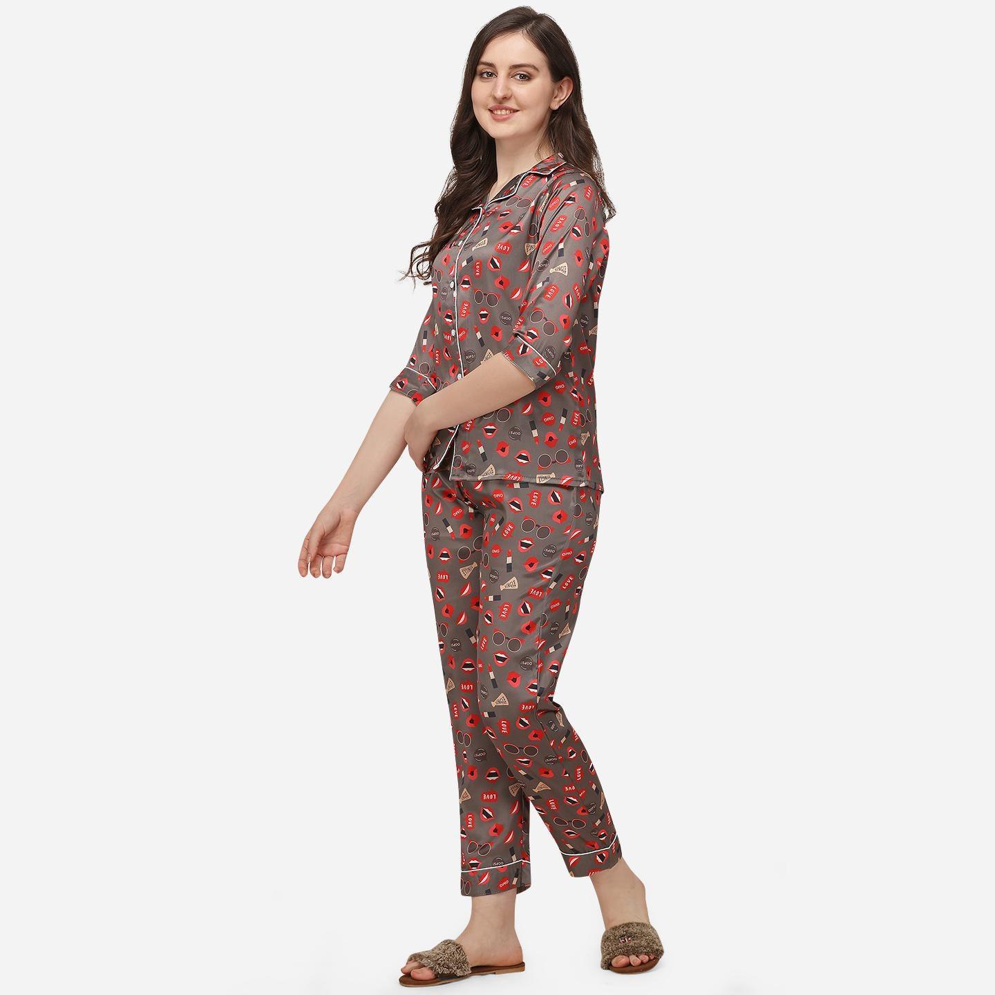 Peachmode Seller Brown Casual Wear Digital Printed Satin Night Suit - view 2