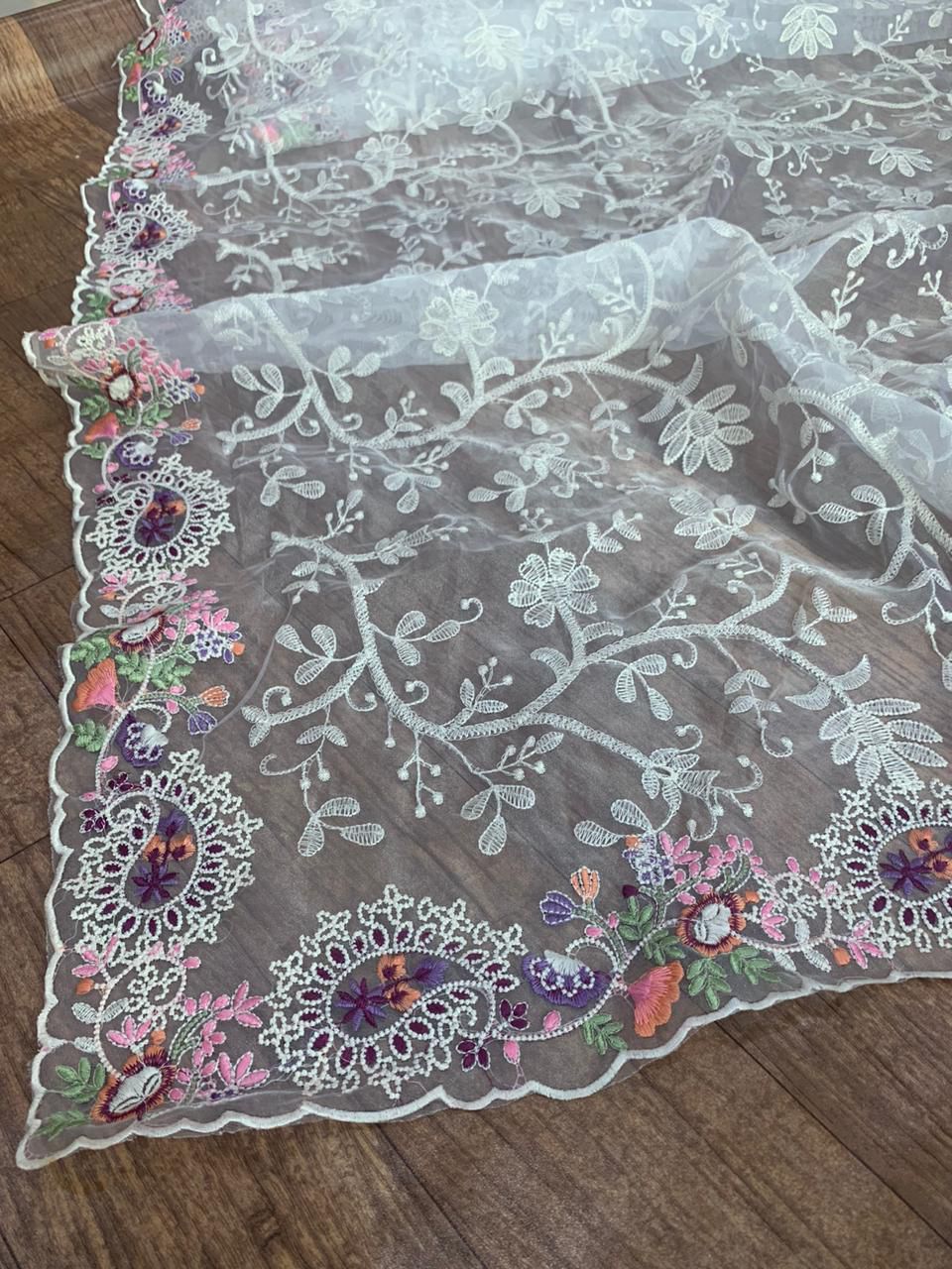 ClothsVilla White Organza Saree with Vibrant 6-Color Thread Embroidery – Paired with Elegant White Silk Blouse - view 4