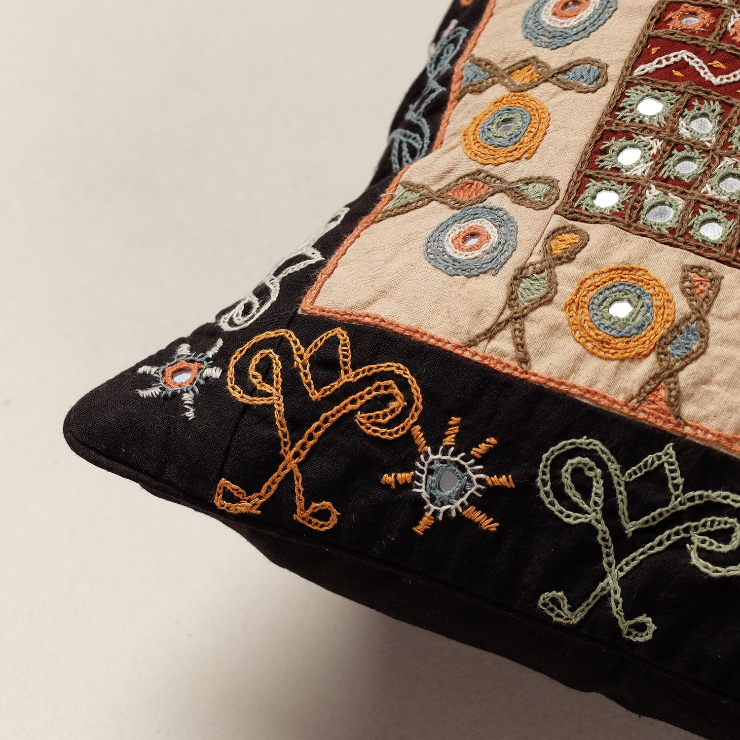 Black - Kala Raksha Rabari Hand Embroidery Cotton Cushion Cover (12 x 12 in) - view 2