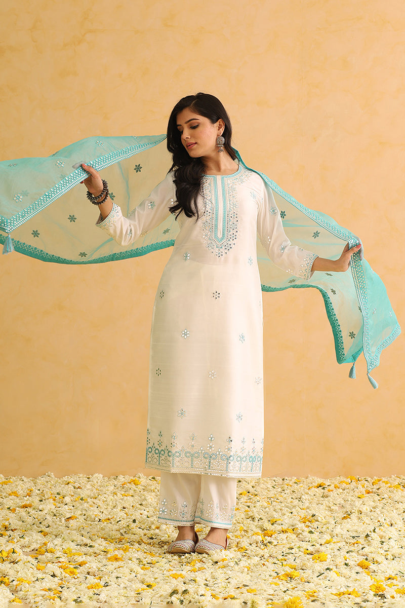 Ahika White Silk Blend Solid Embroidered Straight Trouser Suit Set PKSKD2478