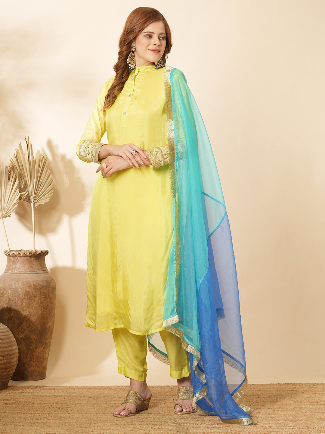 FASHOR Solid Zari & Mirror Embroidered Straight Fit Kurta with Pant and Color block Dupatta - Yellow