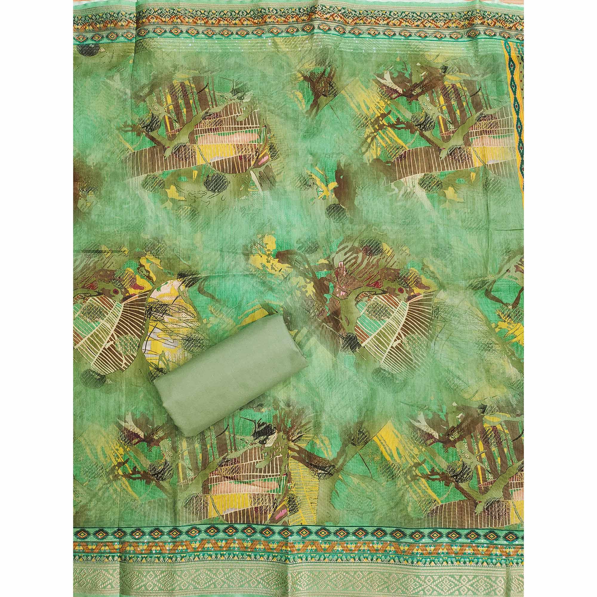 BlackTree green-floral-foil-printed-with-embroidery-modal-cotton-silk-dress-material - view 5