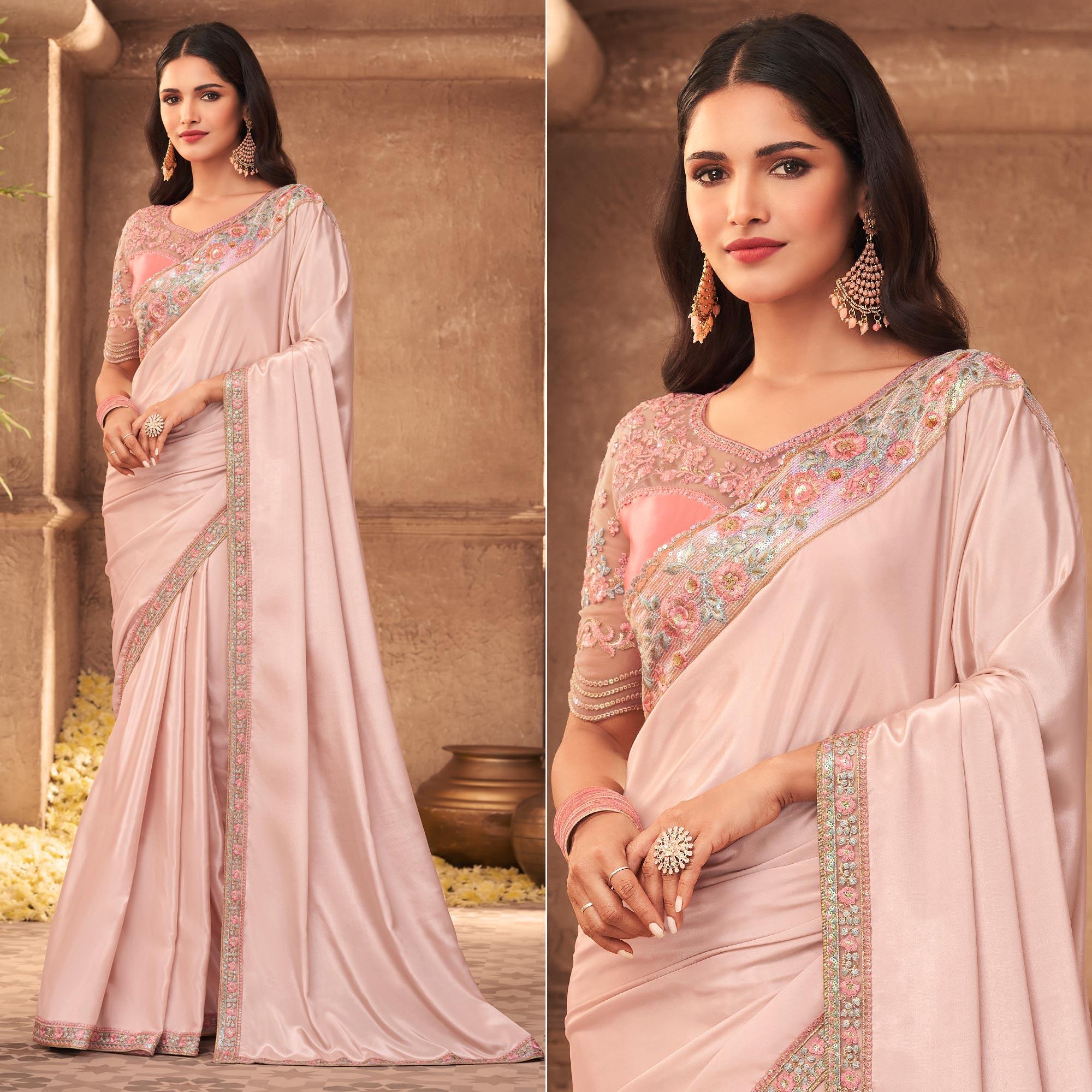 Peachmode Light Pink Partywear Embroidered Silk Saree