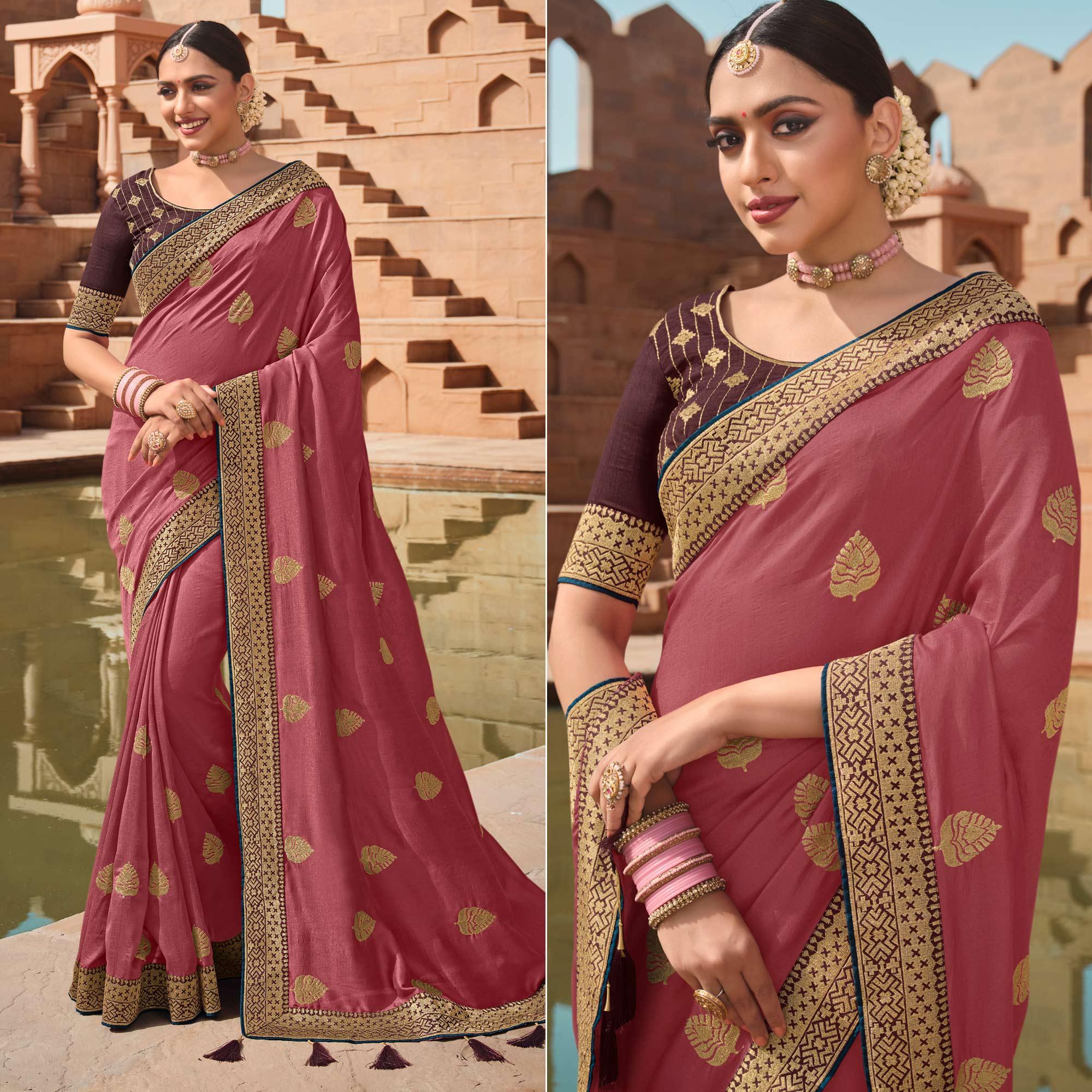 Peachmode Light pink Party Wear Embroidered Art Silk Saree