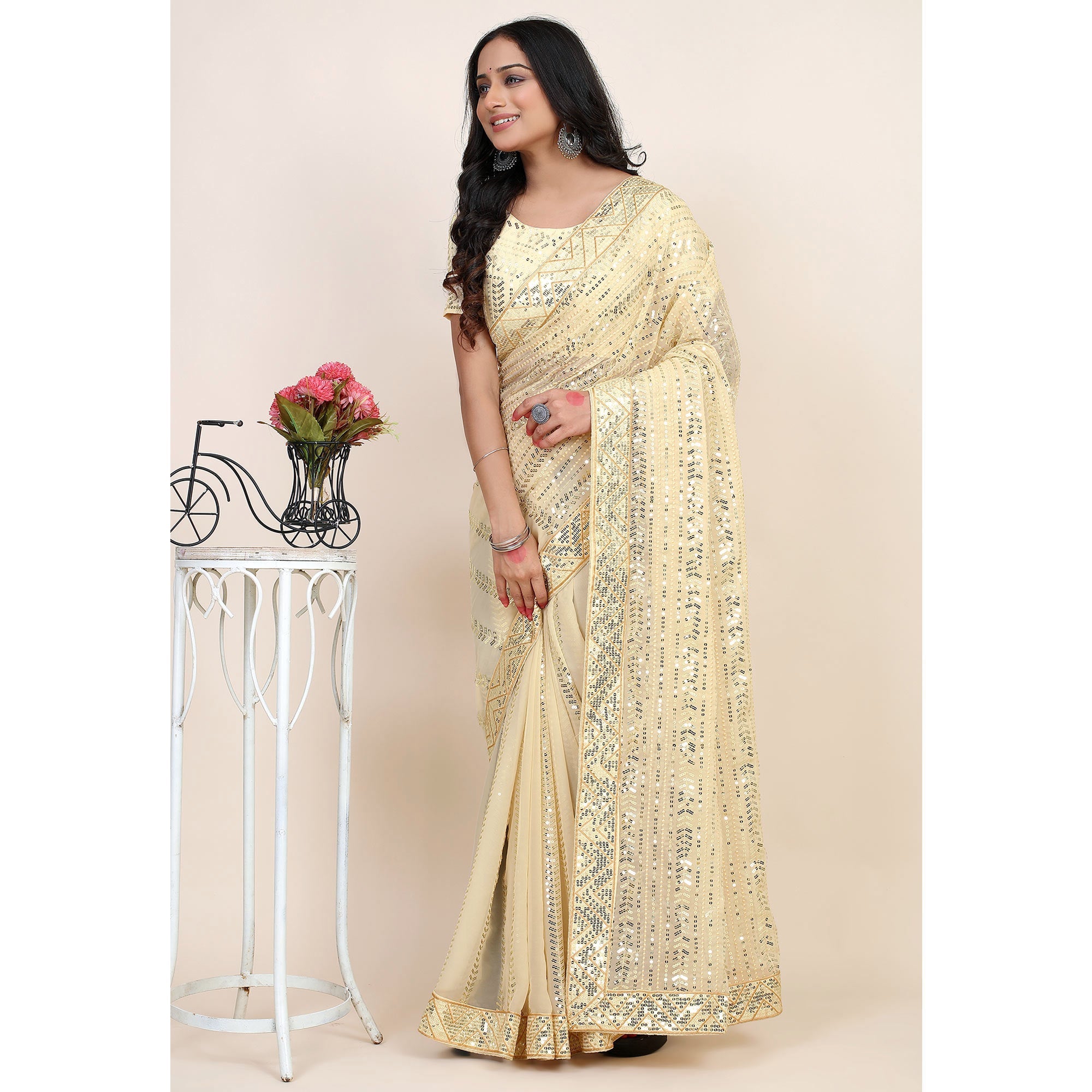 Peachmode Light Chikoo Sequins Embroidered Georgette Saree - view 4