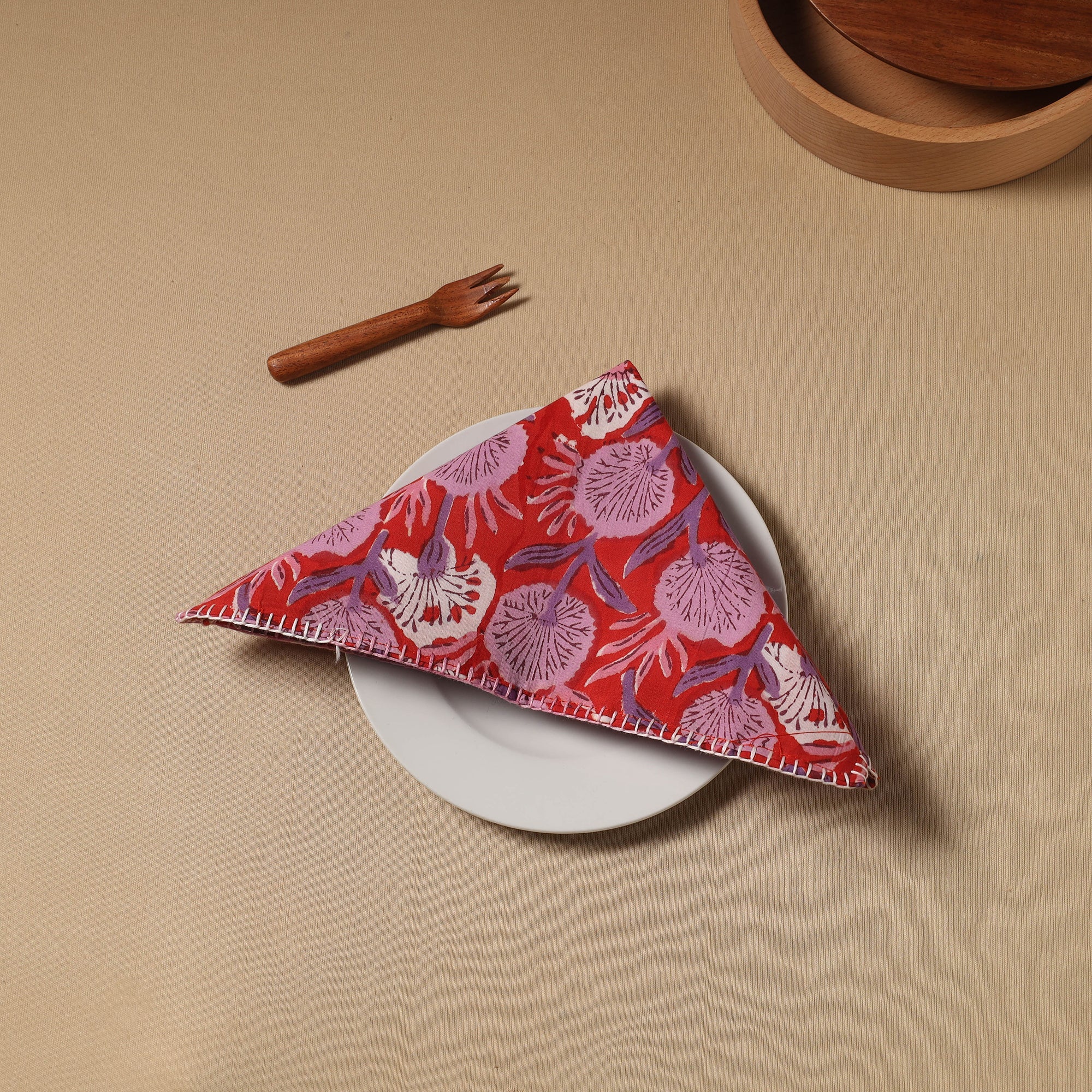 NOORI BAZAR Floral Block Print Cotton Hand Embroidery Table Napkin 03