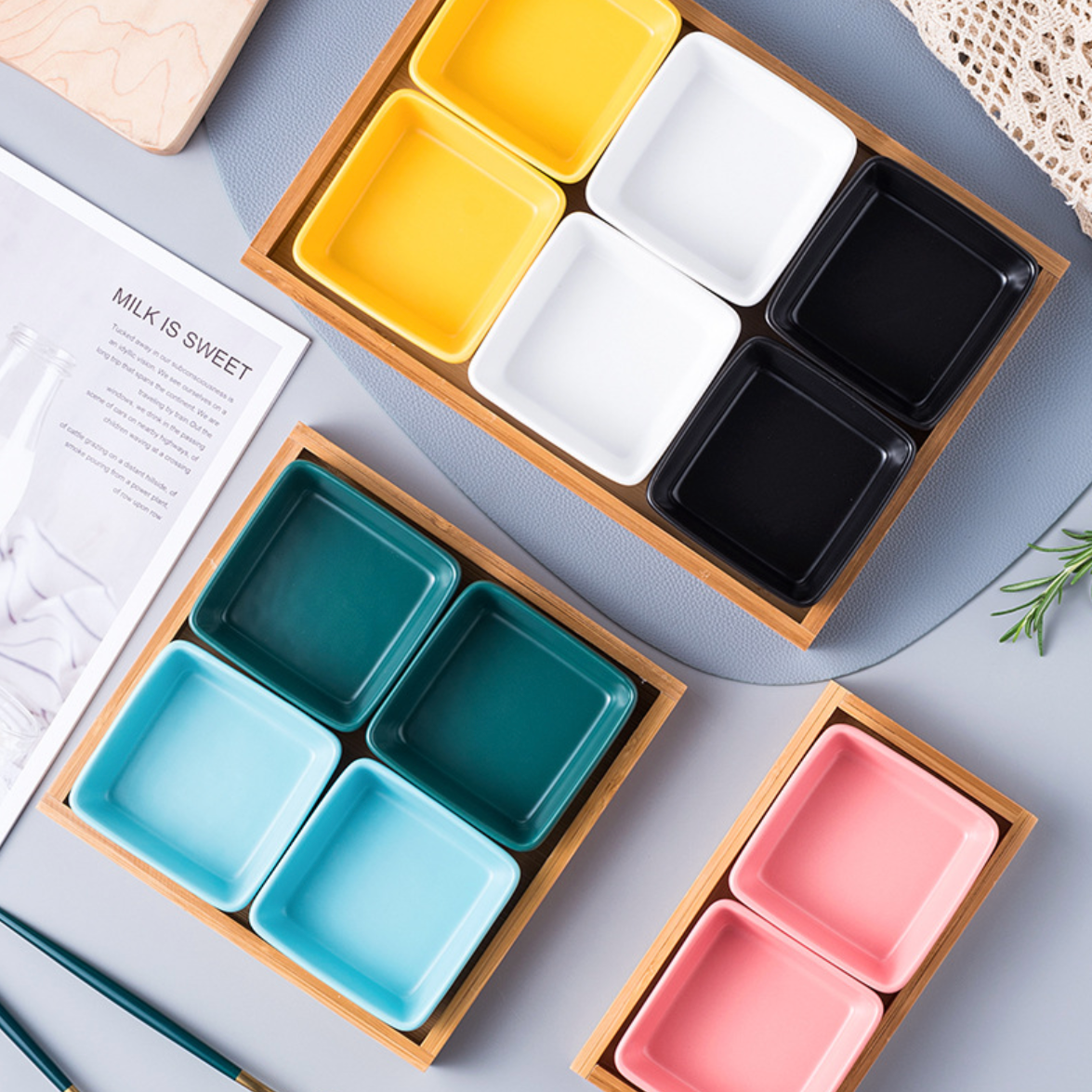 Nestasia Square Bowls and Wooden Trays