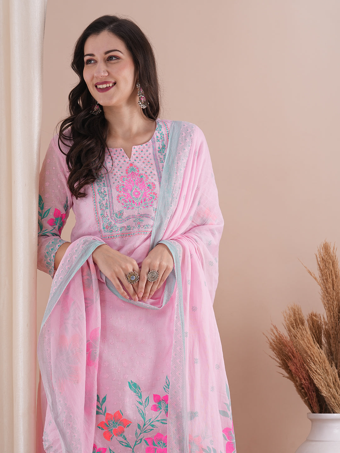 FASHOR Ethnic Floral Printed Straight Fit Kurta with Pant and Dupatta - Pink