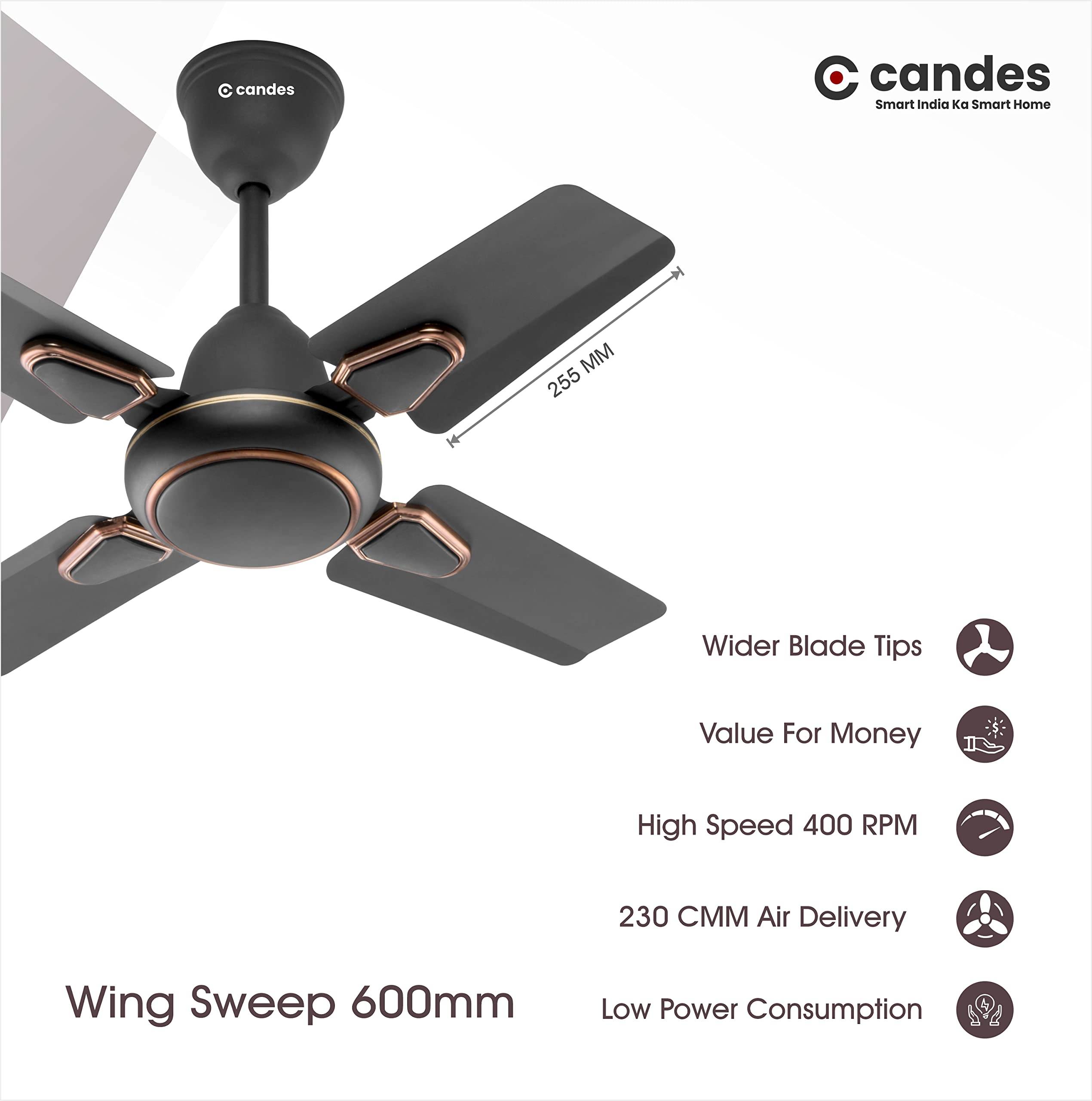 Candes Brio Turbo 600 mm / 24 Inch High Speed 4 Blade Anti-Dust Ceiling Fan, 405 RPM, Suitable for Kitchen/Veranda/Balcony/Small Room (Pack of 2, Coff - view 4