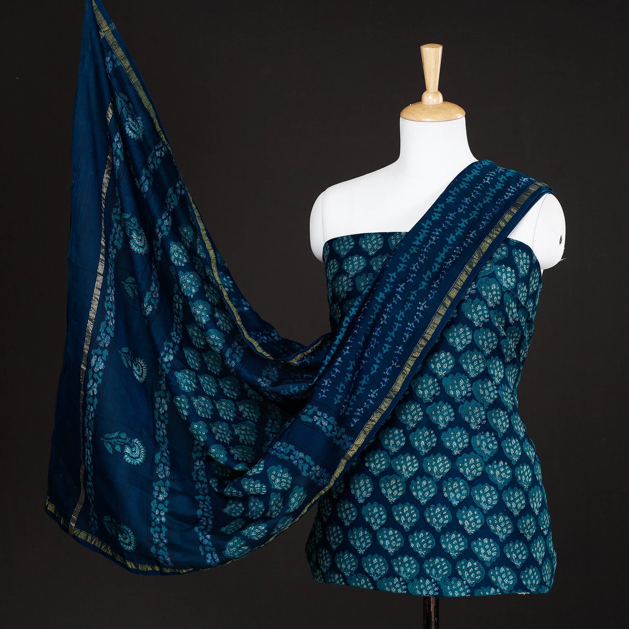 HAVELI CHRONICLES Blue - 3pc Akola Block Printed Chanderi Silk Suit Material Set