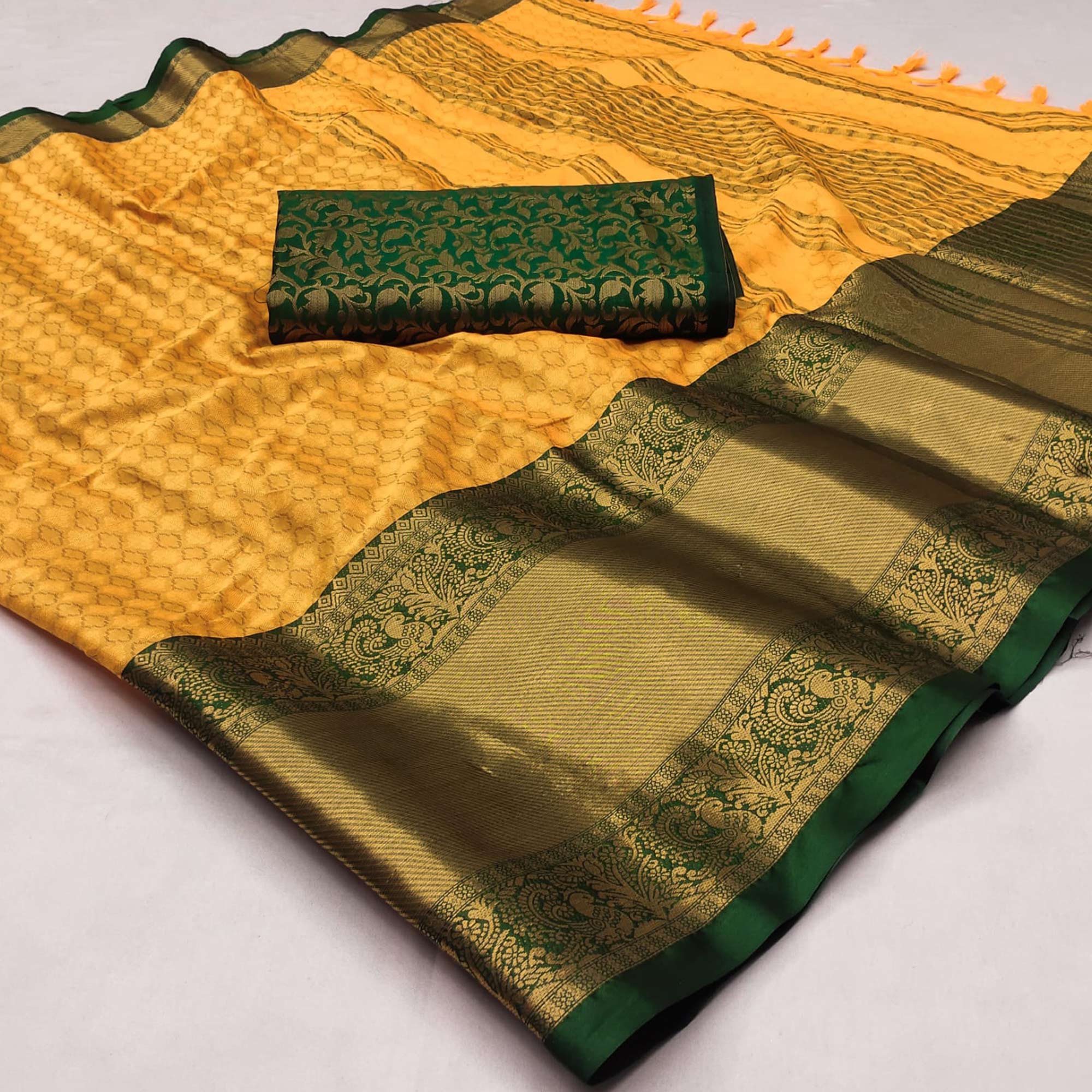 Peachmode Dusty Yellow Woven Cotton Silk Saree With Tassels