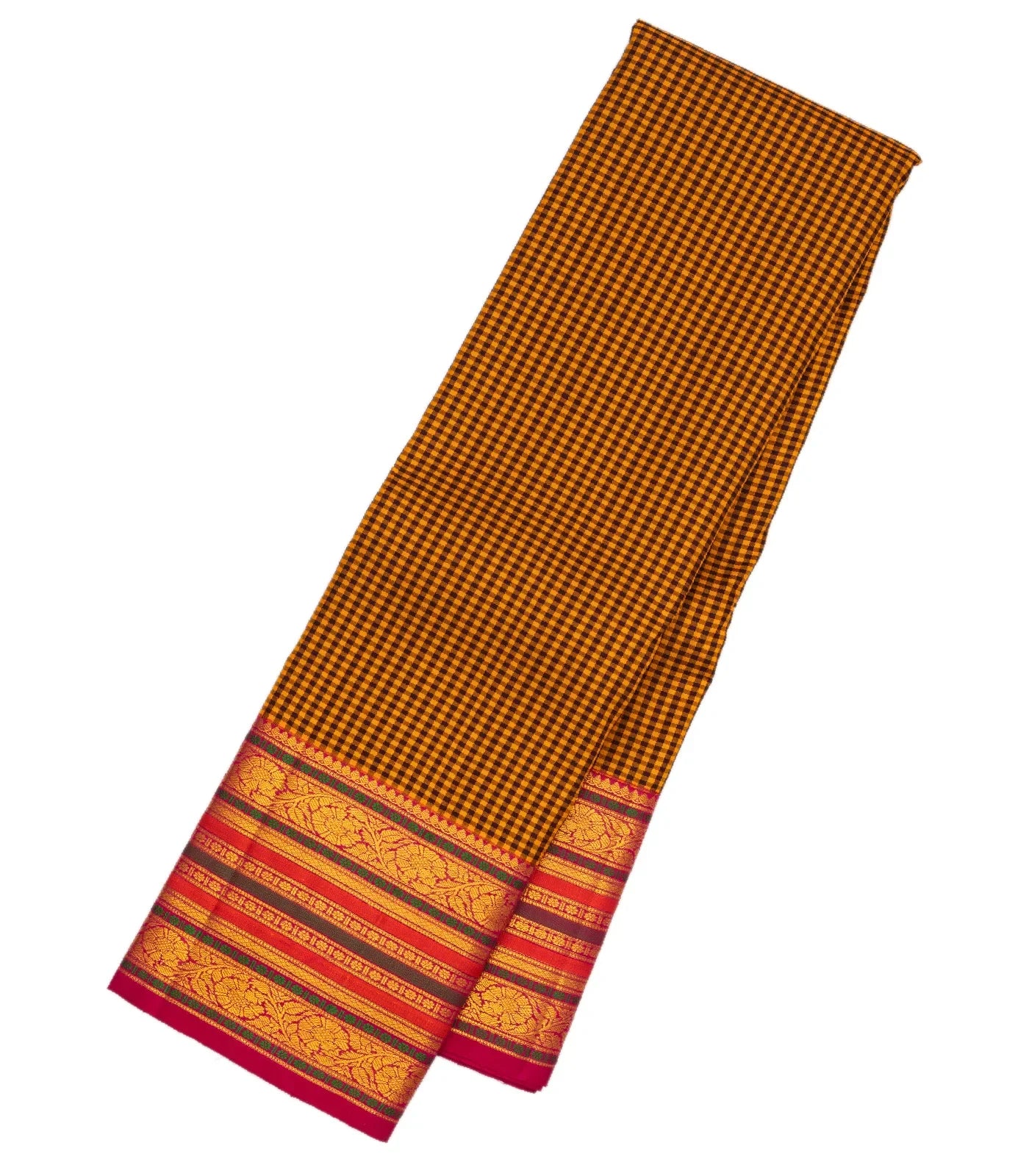 RmKV Mustard Handloom Kanchipuram Korvai Silk Saree With Checks