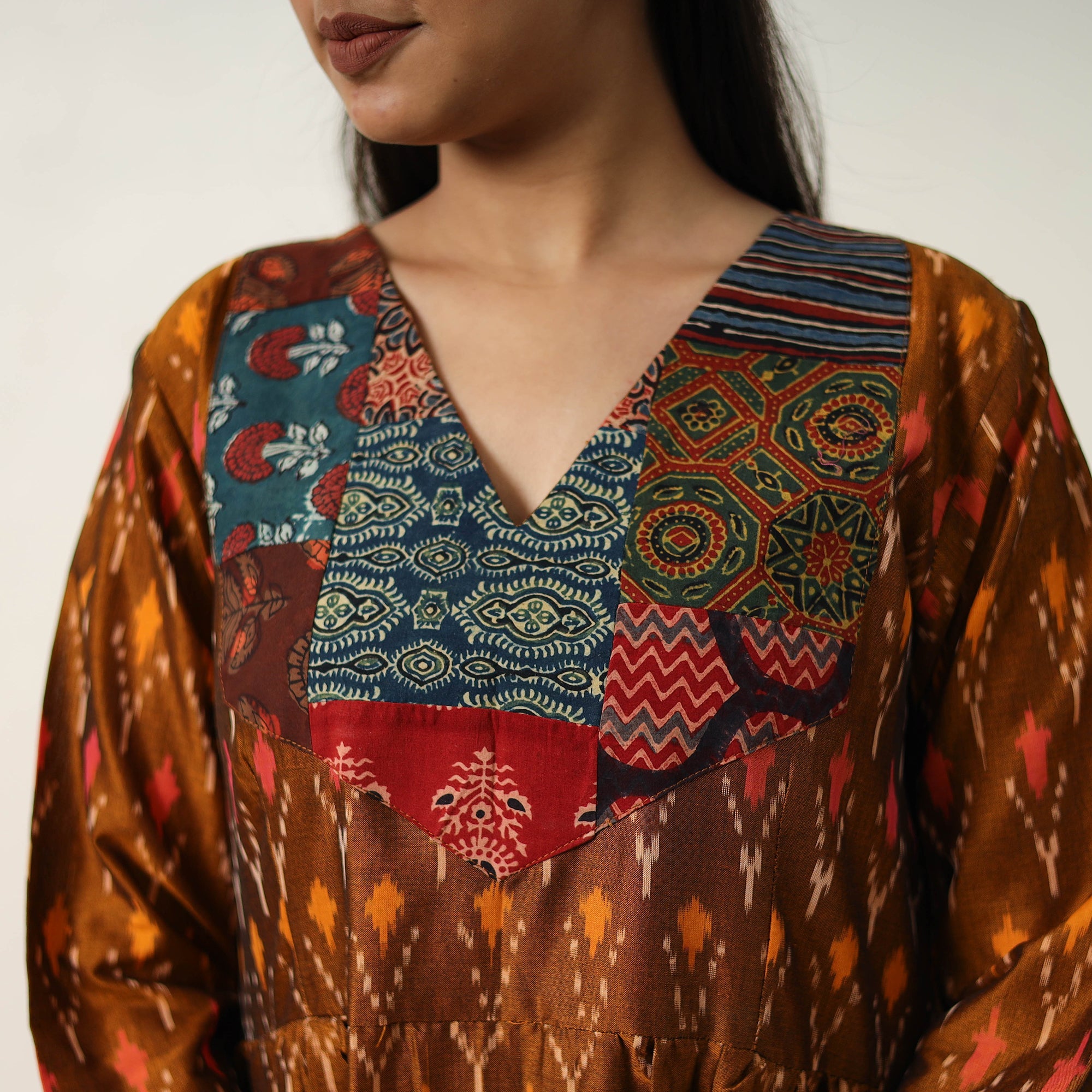 ITOKRI CASUALS Brown - Mercerized Cotton Flared Pochampally Ikat Dress 04 - view 5