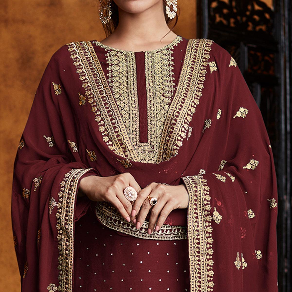 Peachmode Maroon Partywear Sequins Embroidered Real Georgette Palazzo Suit - view 2