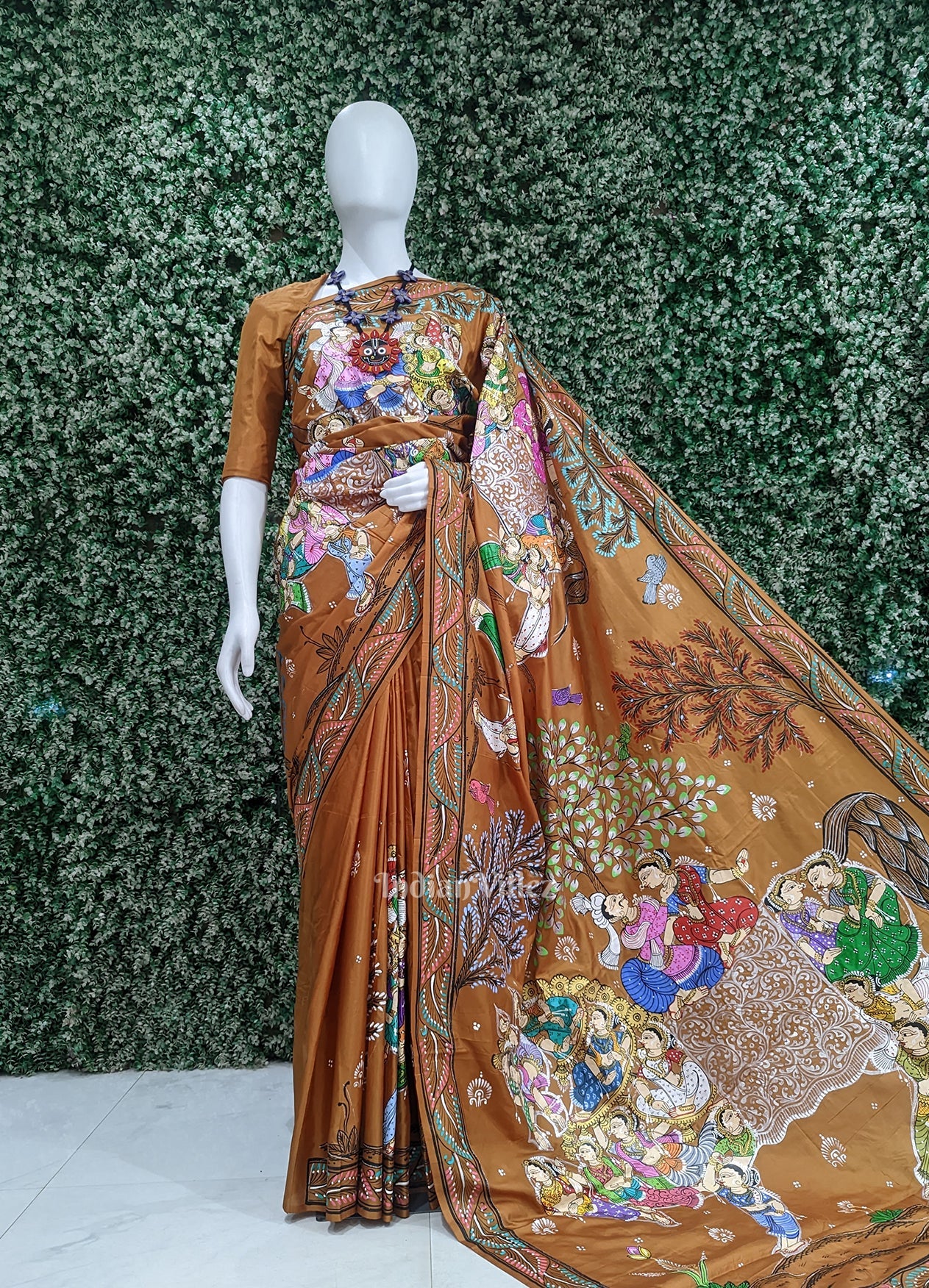IndianVillèz Metallic Bronze Kandarpa Ashwa Hand-Painted Pattachitra Saree