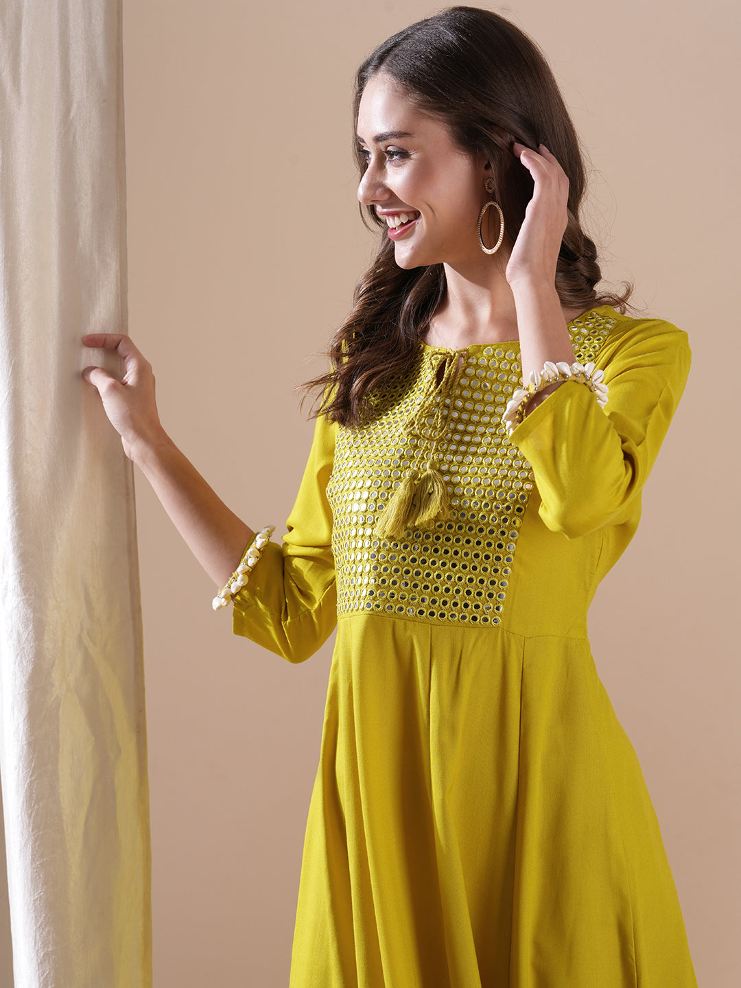 Fashor Solid Mirror & Resham Embroidered Anarkali Kurta - Yellow - view 2