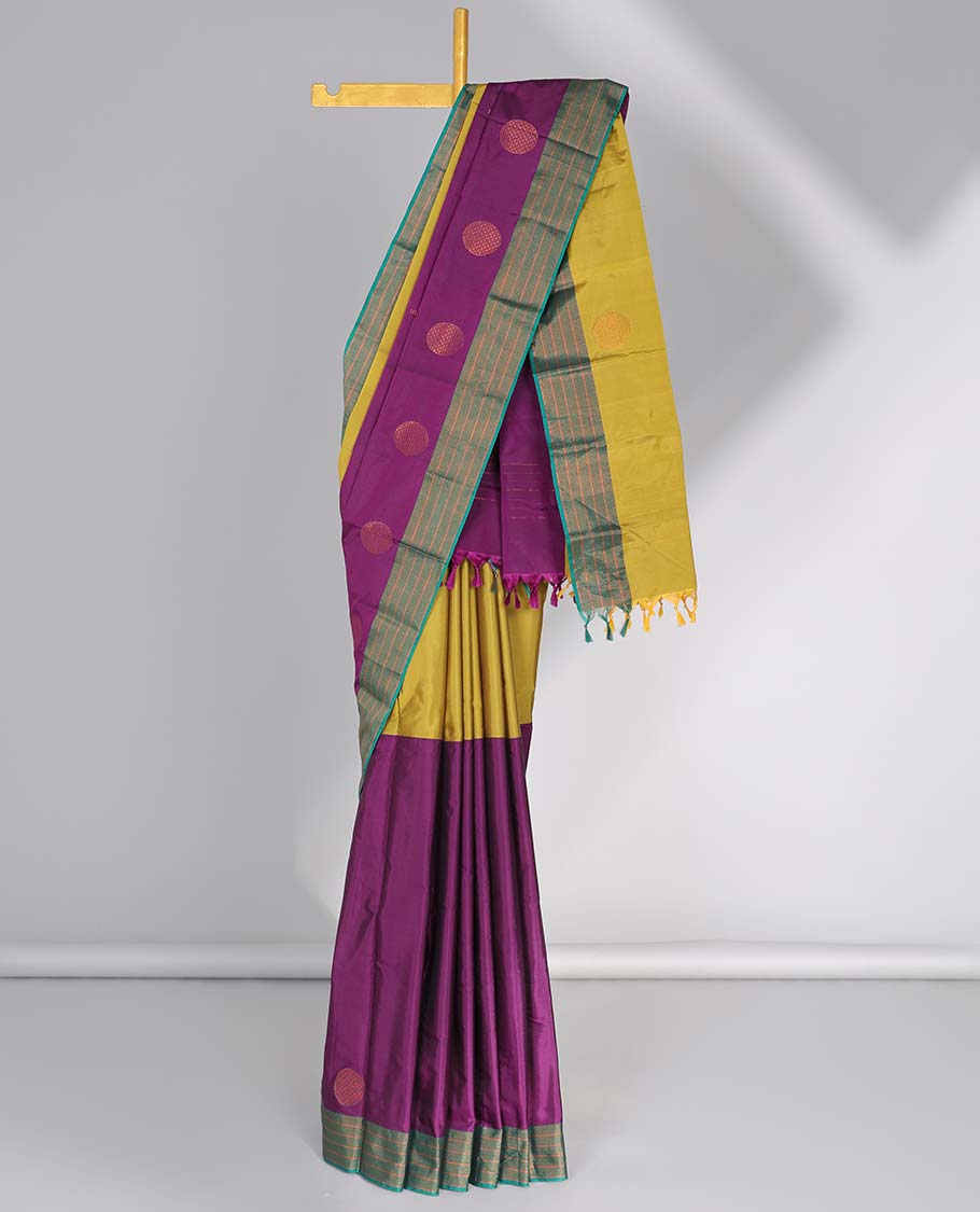 Pothys Purple aarani gift saree with buttas, contrast striped border & pallu of stripes