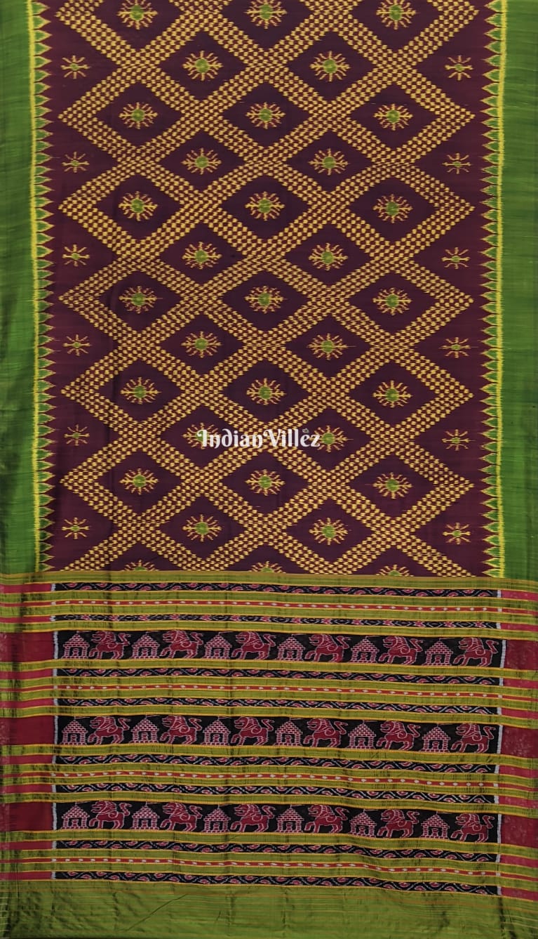 IndianVillèz Light Coffee with Green Odisha Ikat Contemporary Tarabali Silk Saree