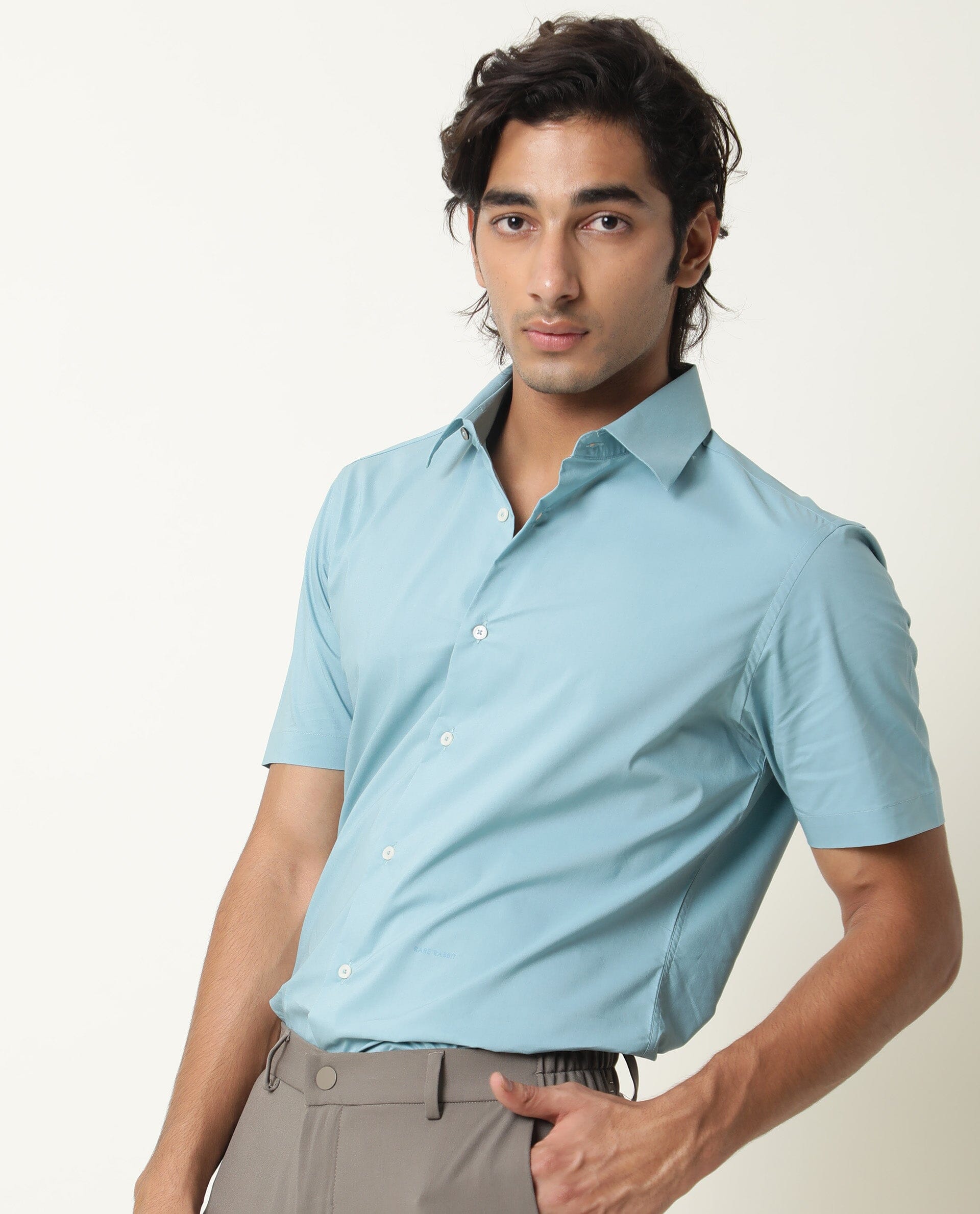 Rare Rabbit Mens Neutro Ss Blue Shirt Polycotton Fabric Slim Fit Collar Short Sleeve - view 4