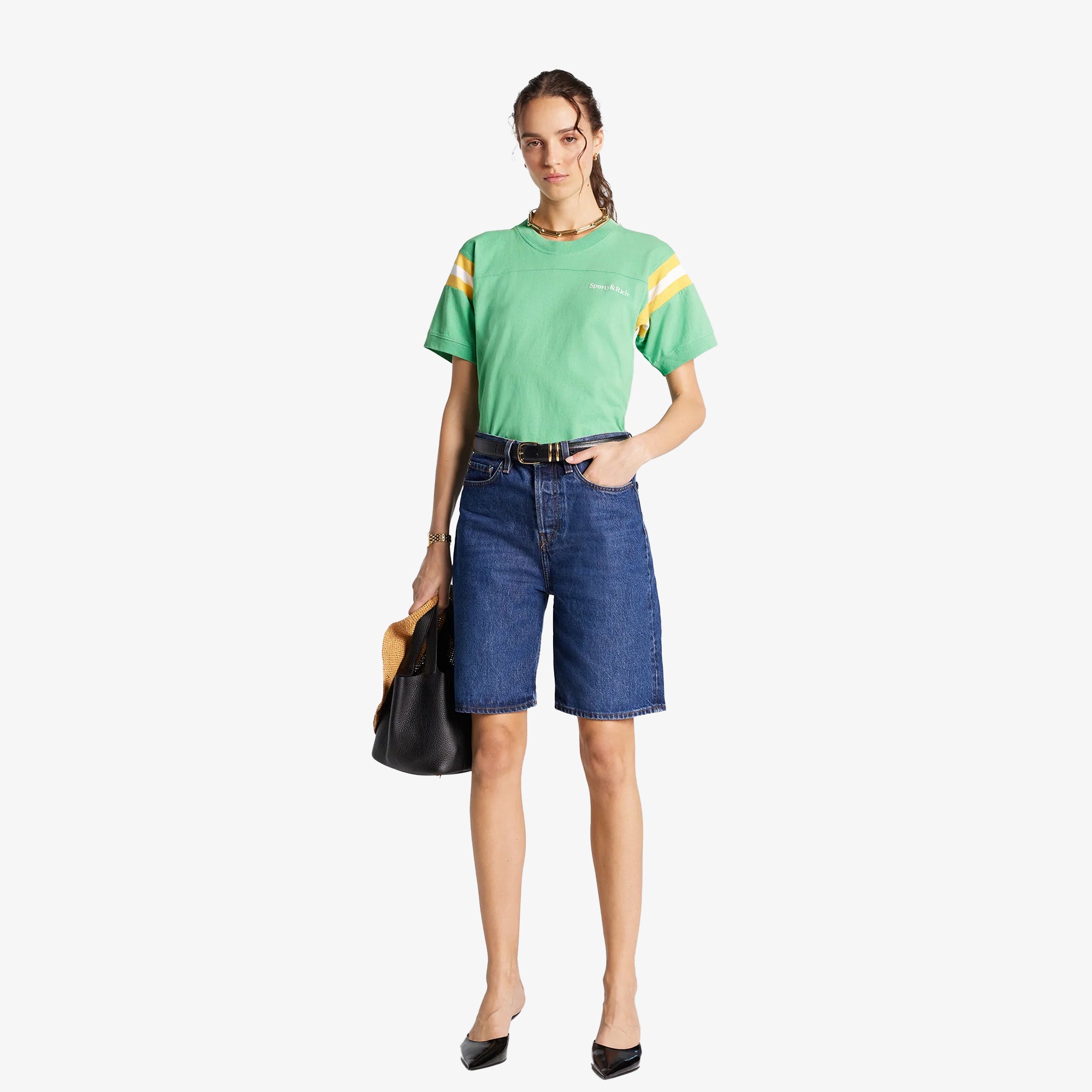 Sporty & Rich | Serif Logo Football Tee { Verde/white - view 2