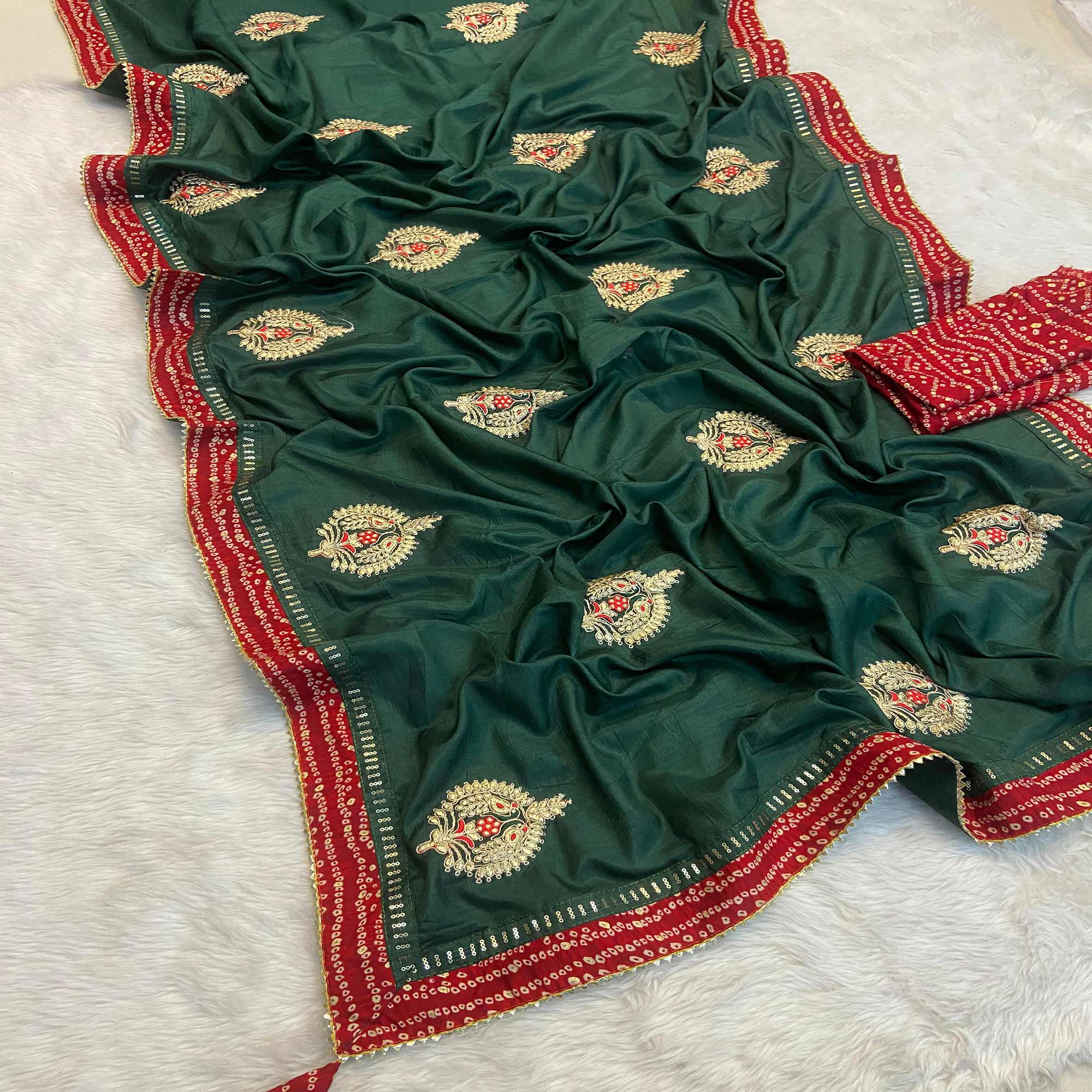 Peachmode Morpich Green Zari Embroidered Vichitra Silk Saree