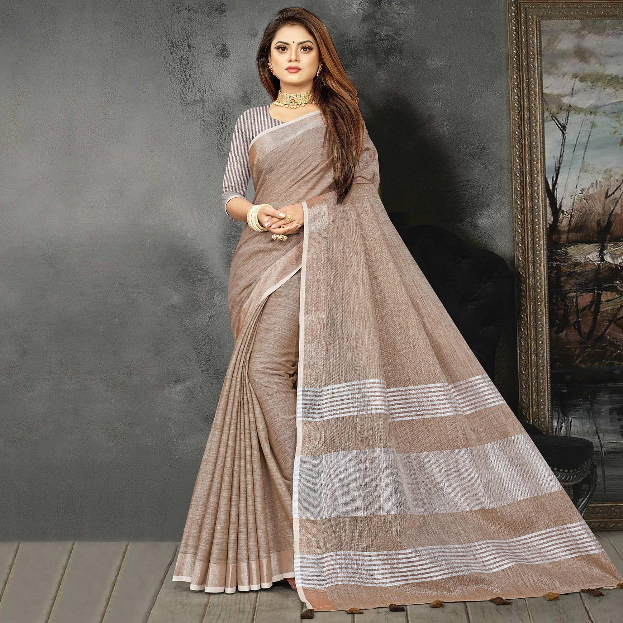Peachmode Brown Festive Wear Solid Linen Saree