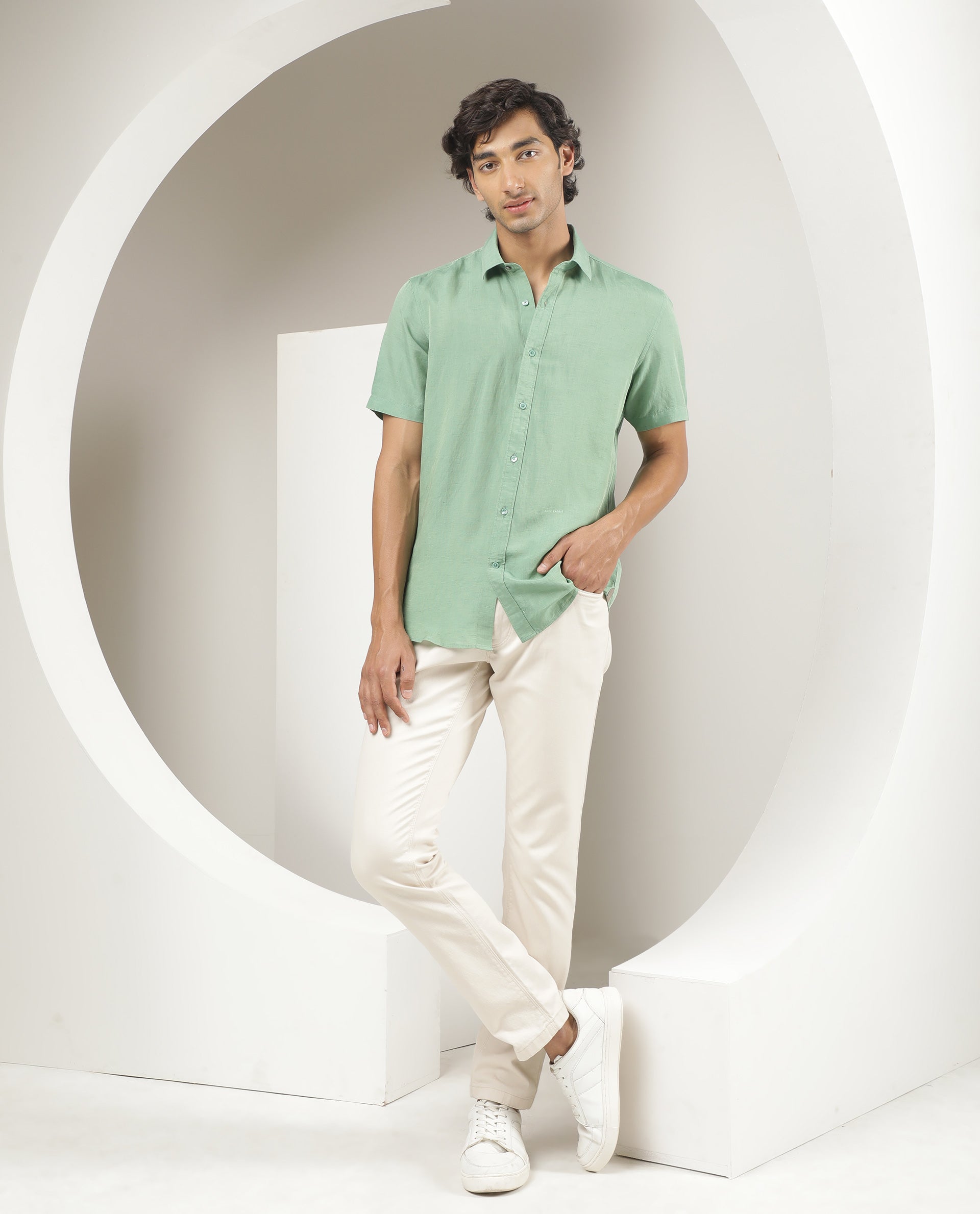 Rare Rabbit Men's Mik Light Green Modal Linen Fabric Half Sleeves Solid Shirt - view 6