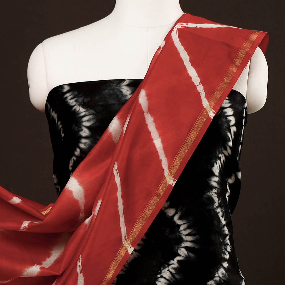 ARTISAN HAND BLOCK PRINTS Black - 3pc Black & Red Miura Shibori Tie-Dye Chanderi Silk Suit Material Set - view 3