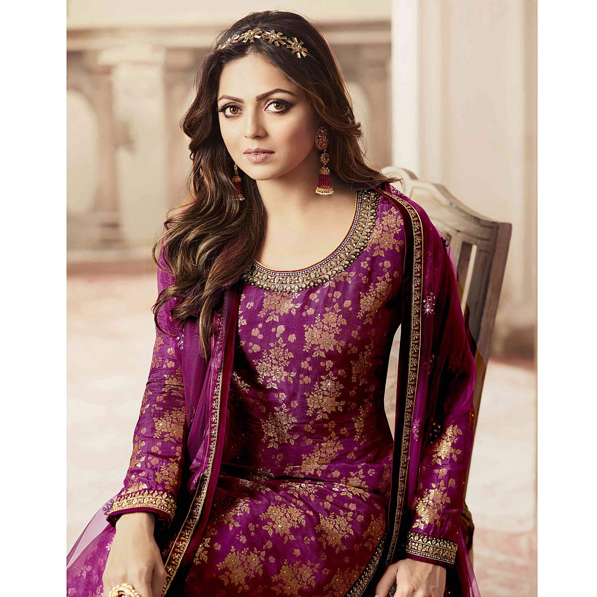 Peachmode Breathtaking Purple Colored designer Partywear Embroidered Dola Jacquard Palazzo Suit - view 2