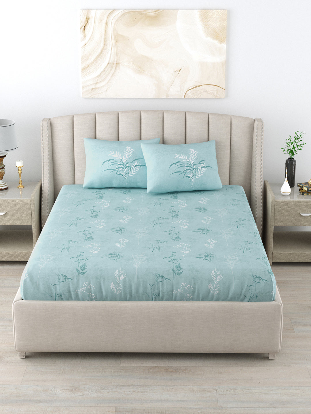 Urban Space -Home Furnishing Store Fitted King Size Cotton Bedsheet - Summer Bloom Blue